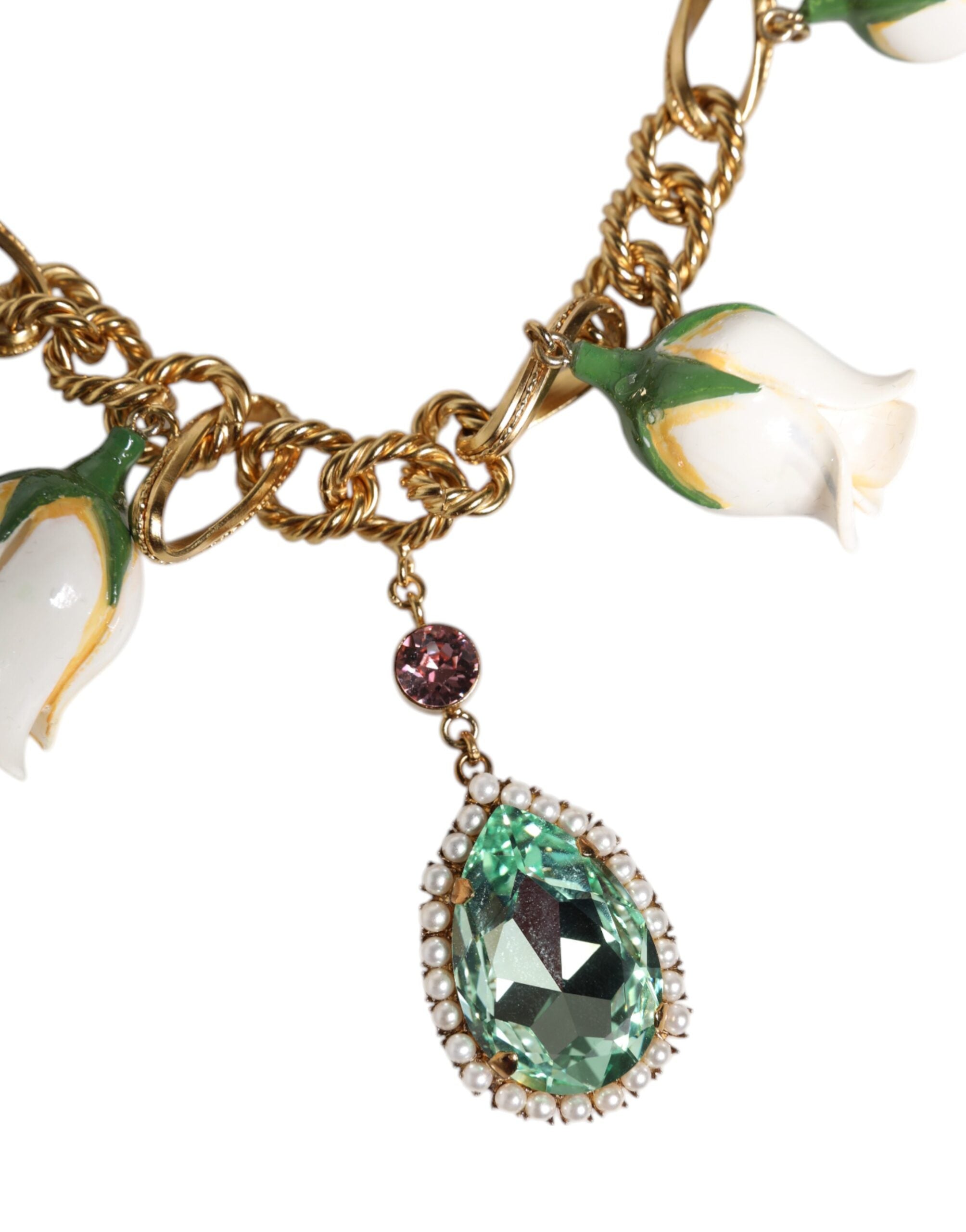 Zlatý mosazný krátký řetízek s květinovým krystalovým přívěskem