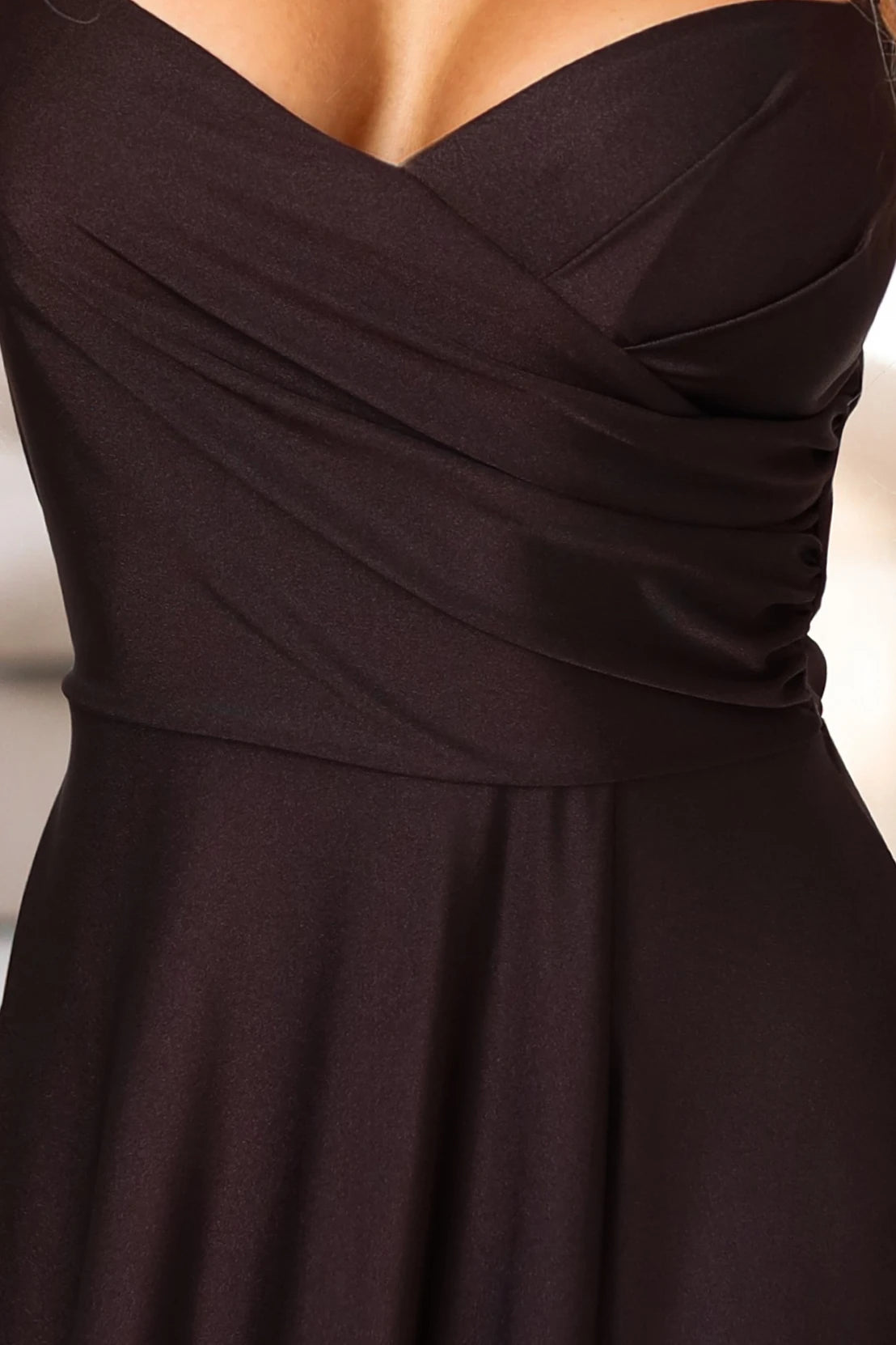 Long strappy evening dress with a slit on the leg – Chocolate Brown