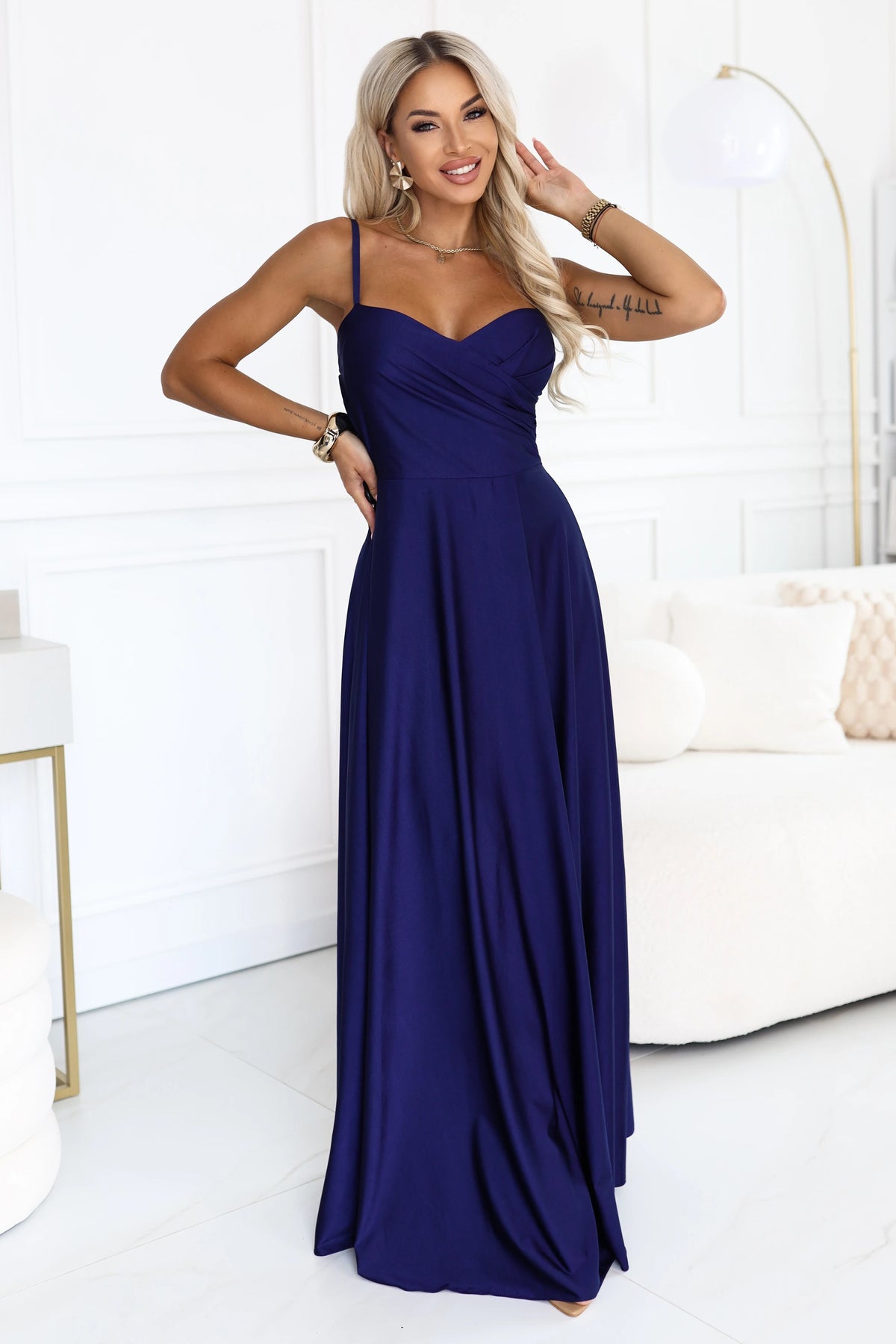Long evening dress on straps with a leg slit – Navy Blue