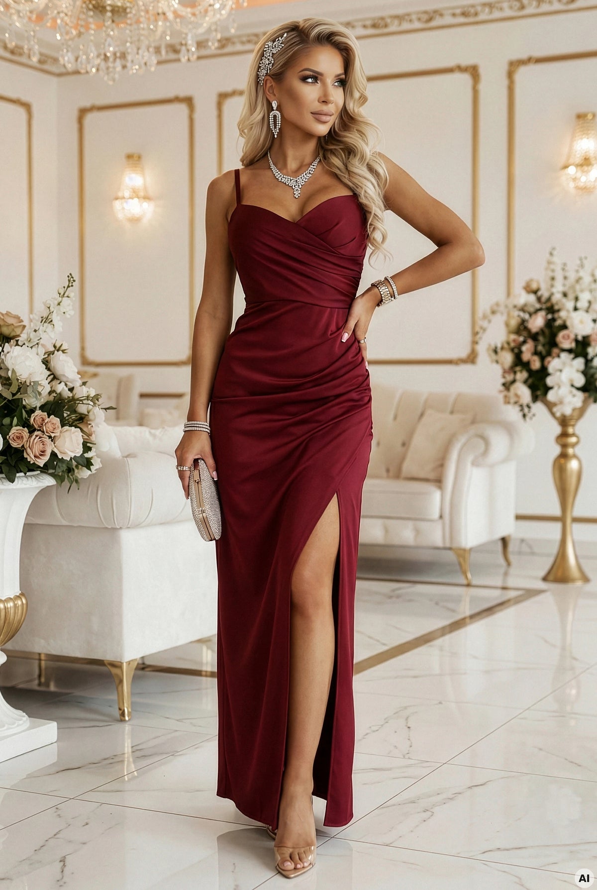 Fitted long maxi dress with a wrap neckline and slit – Burgundy