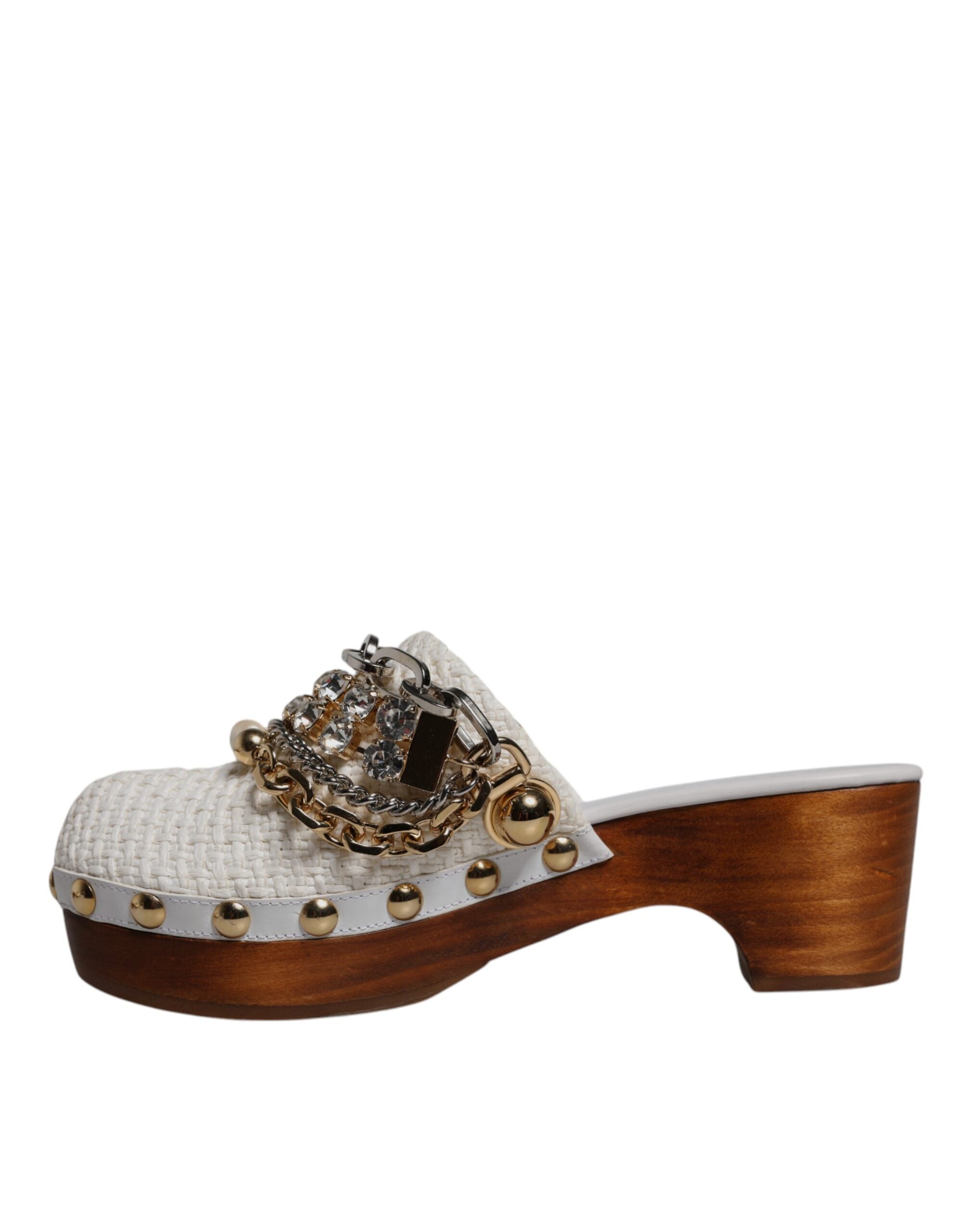 White Raffia Clogs Bejeweled Chain Sandals Shoes