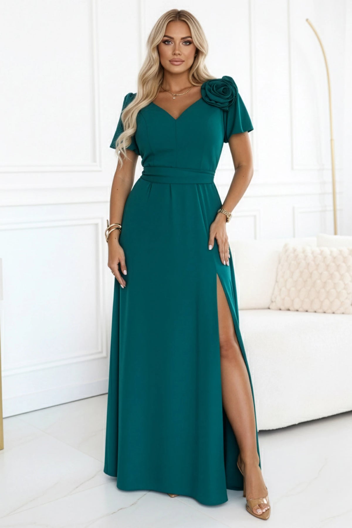Elegant long dress with a rose, belt and high slit – Bottle Green