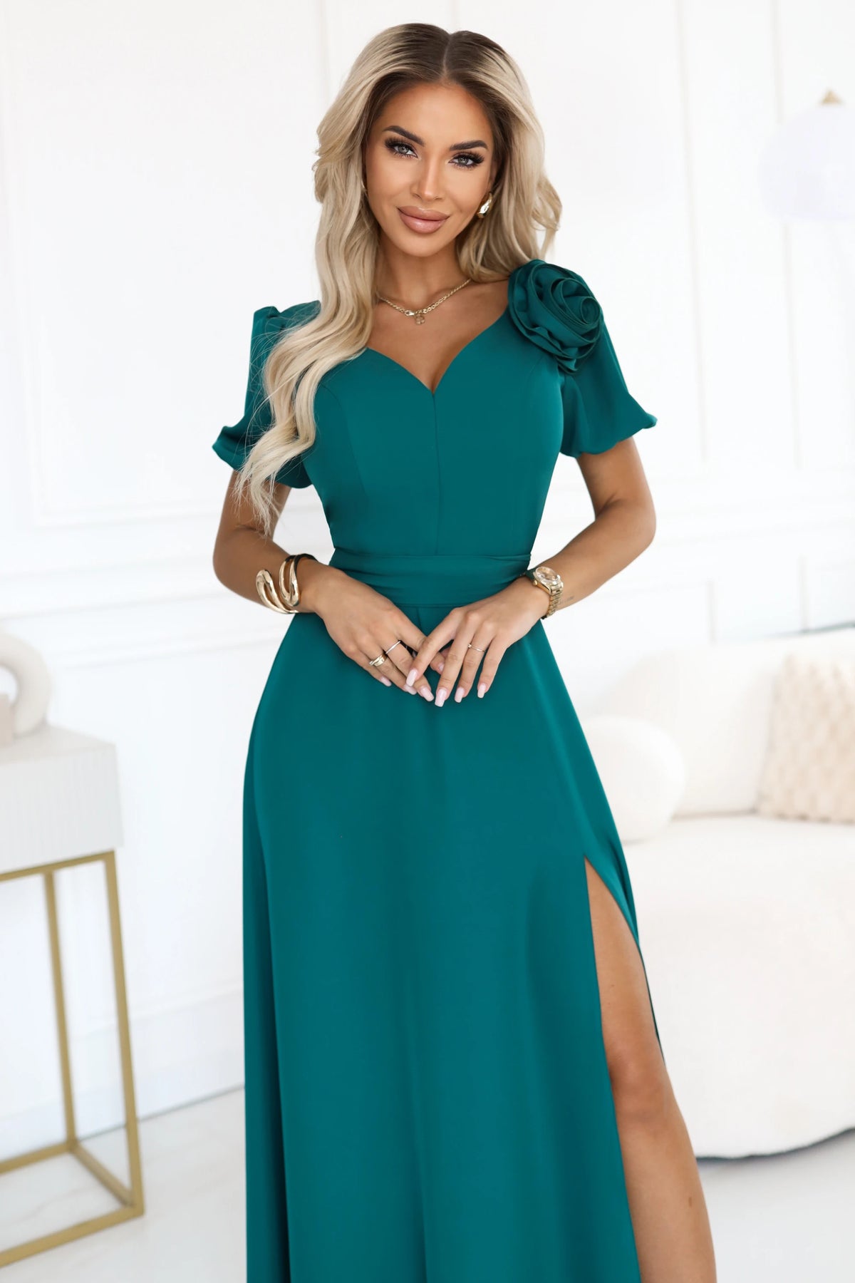 Elegant long dress with a rose, belt and high slit – Bottle Green