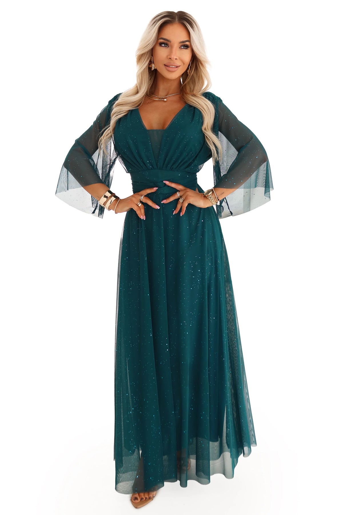 Long, shimmering plus-size dress with a scoop neckline and sheer sleeves – Bottle Green