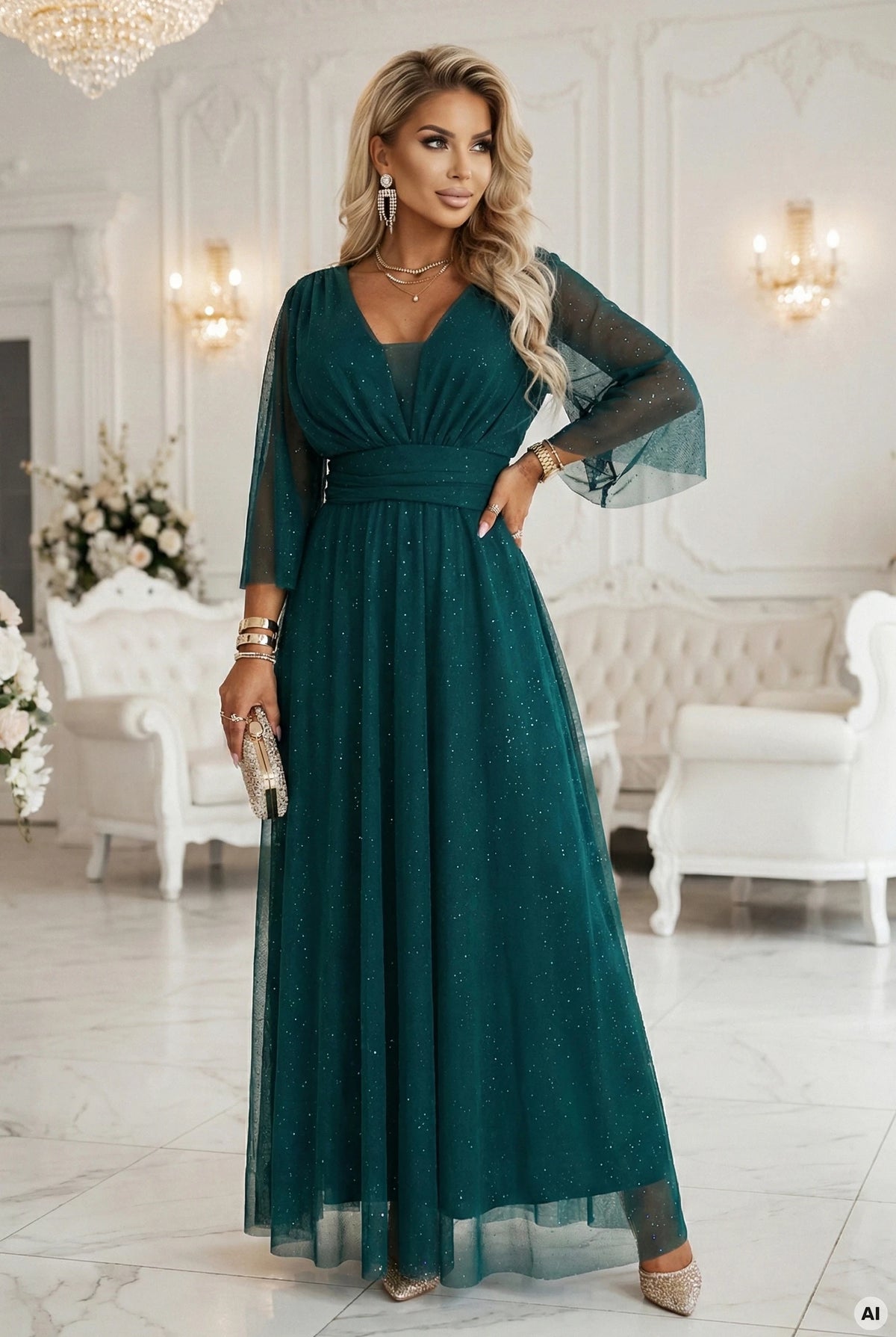 Long, shimmering plus-size dress with a scoop neckline and sheer sleeves – Bottle Green