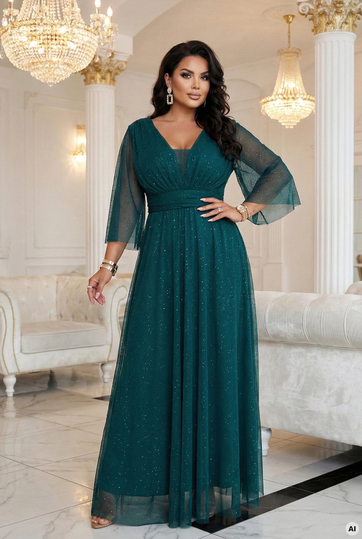 Long, shimmering plus-size dress with a scoop neckline and sheer sleeves – Bottle Green