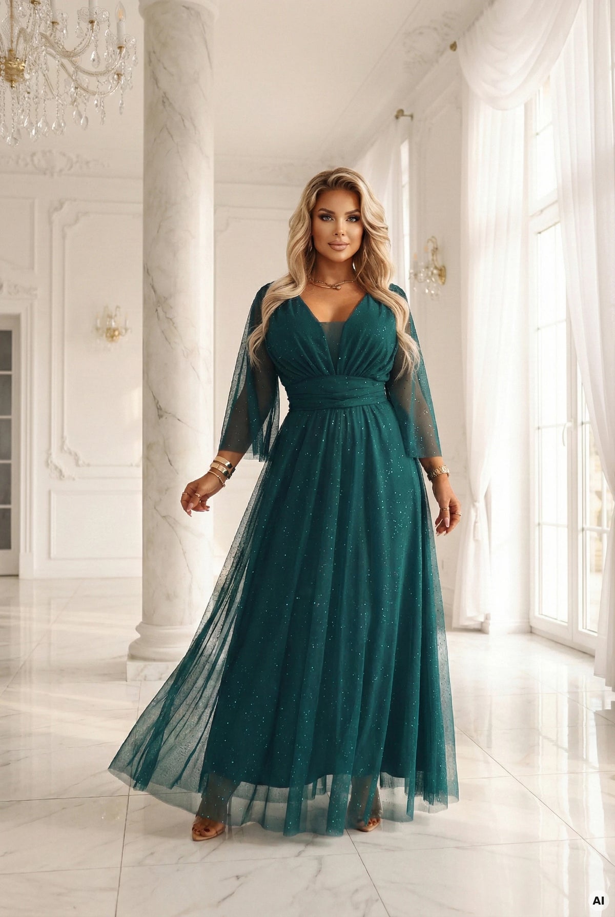 Long, shimmering plus-size dress with a scoop neckline and sheer sleeves – Bottle Green
