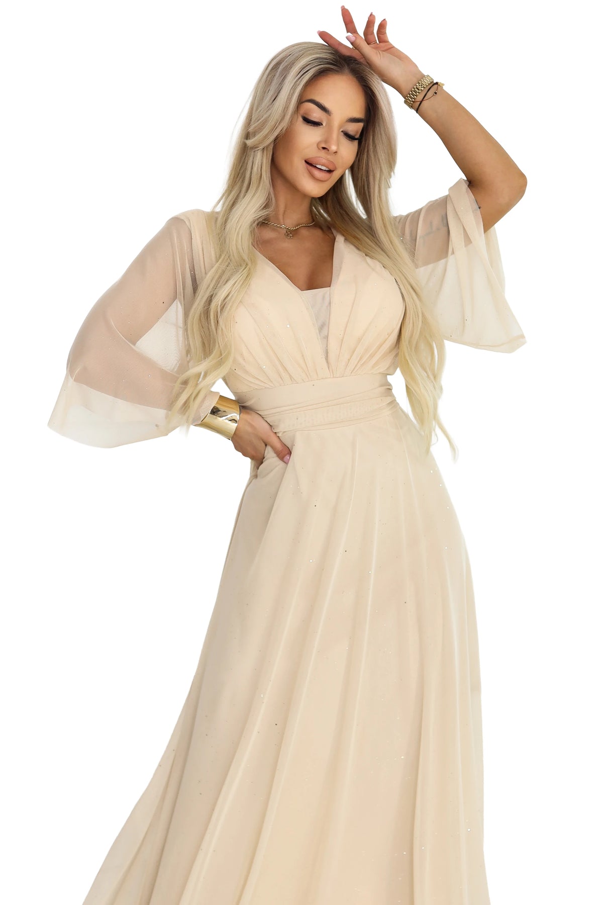 Long, shimmering plus-size dress with a scoop neckline and sheer sleeves – Champagne Beige