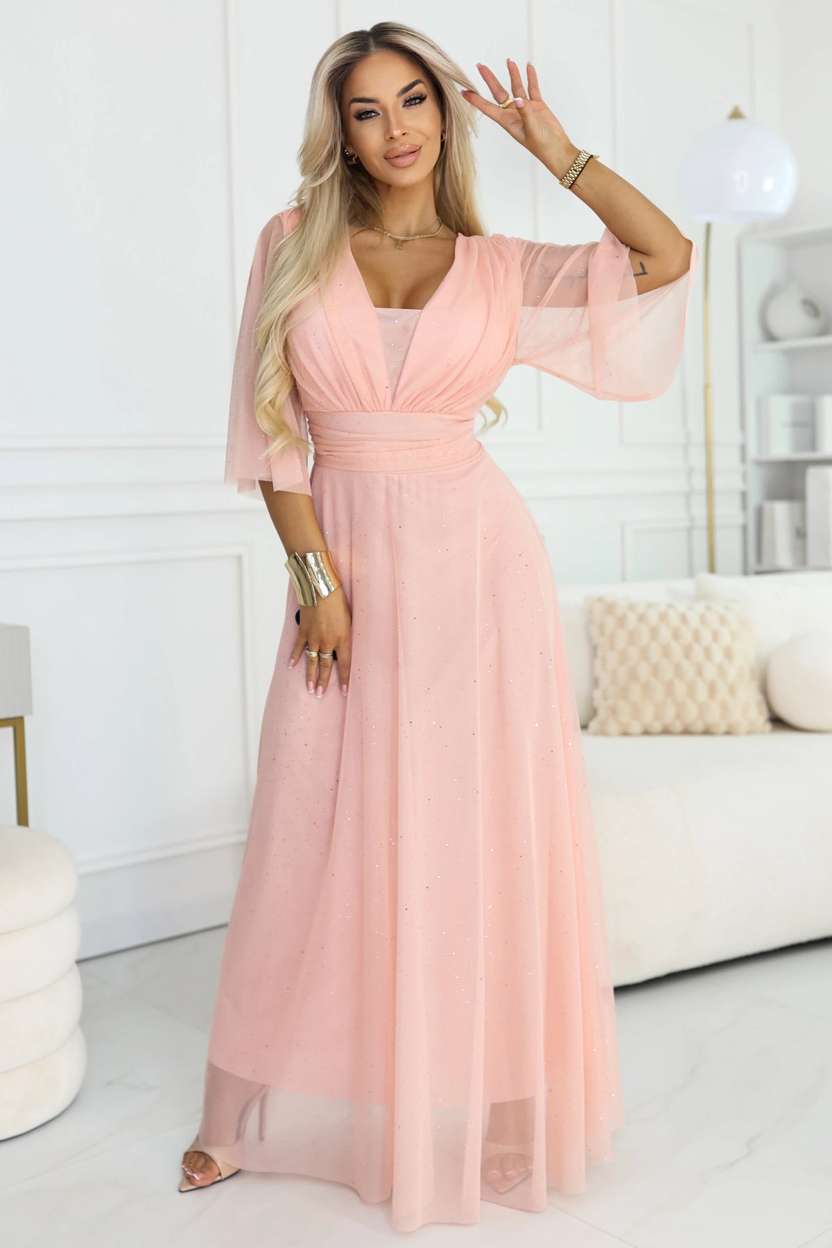 Long Shimmering Plus Size Dress with Neckline and Transparent Sleeve – Peach