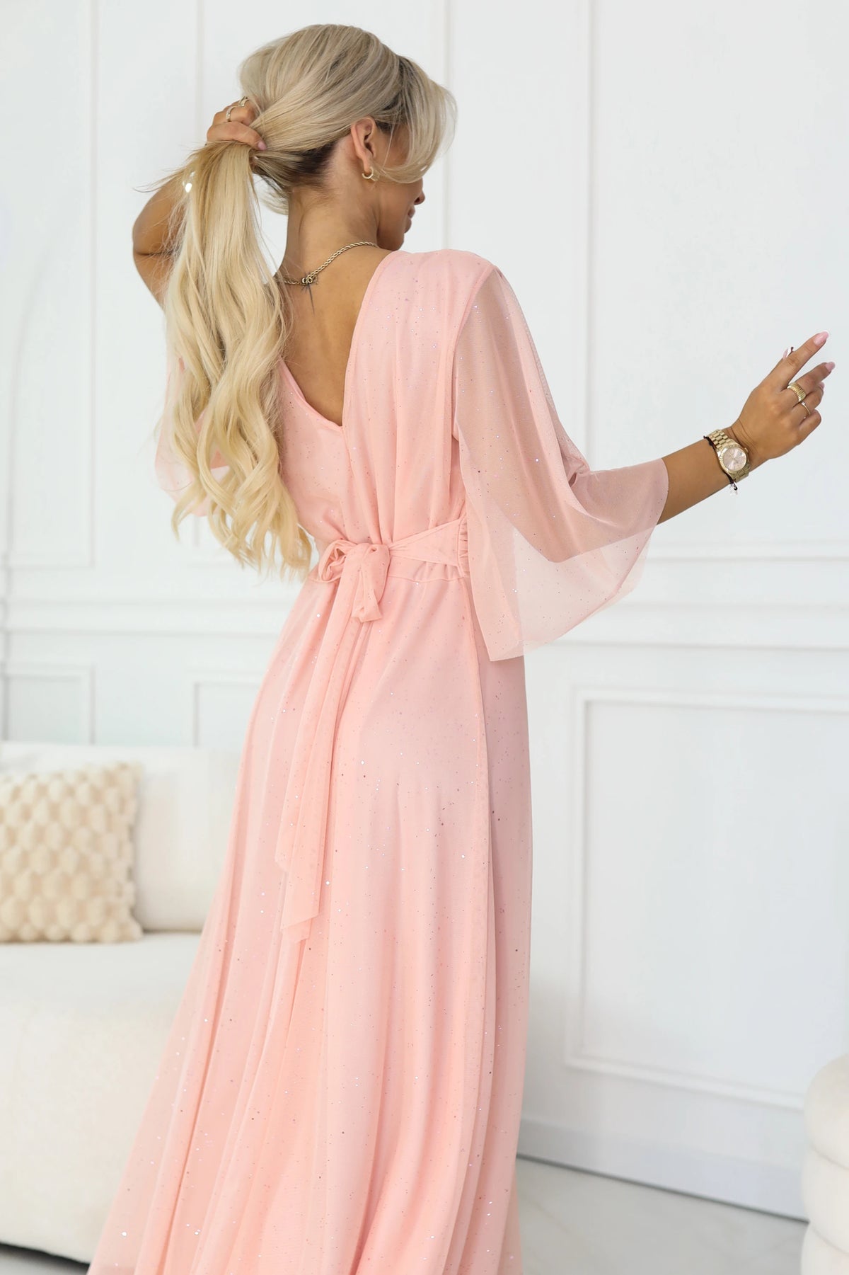 Long Shimmering Plus Size Dress with Neckline and Transparent Sleeve – Peach