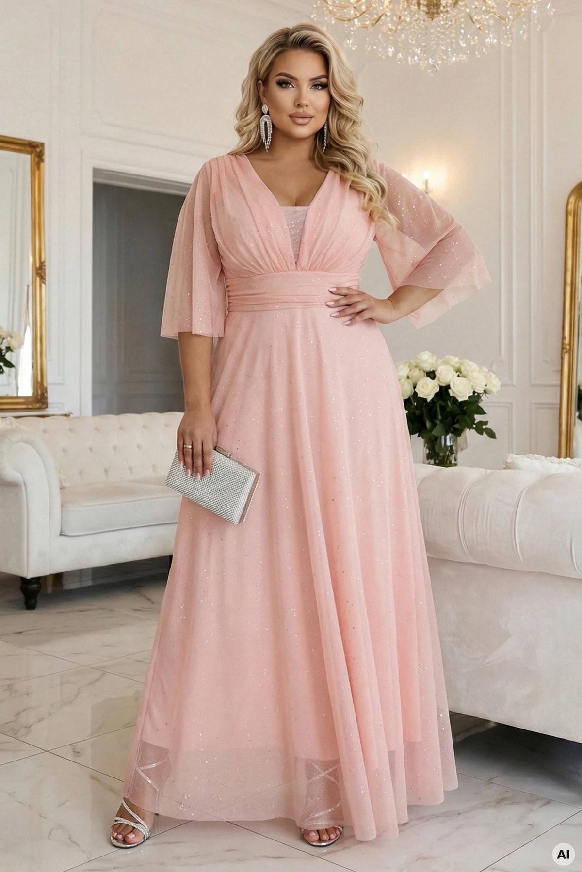 Long Shimmering Plus Size Dress with Neckline and Transparent Sleeve – Peach