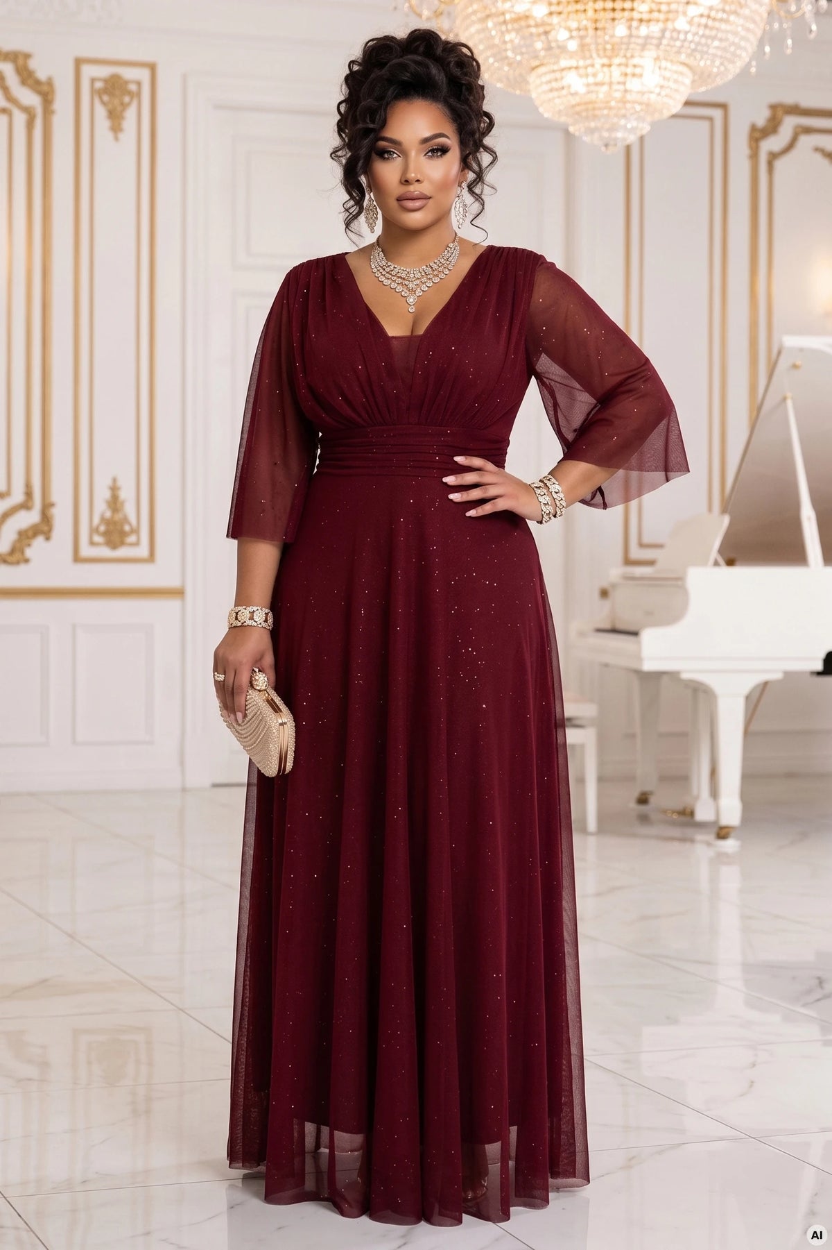 Long shimmering plus size dress with neckline and sheer sleeve – Burgundy
