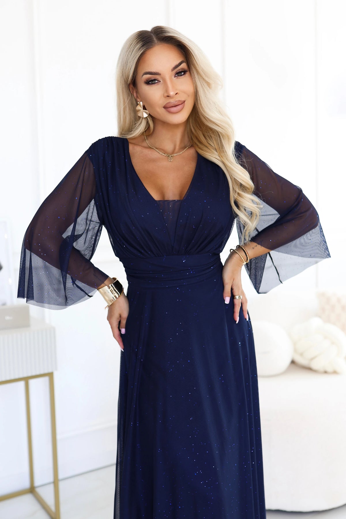 Long shimmering plus size dress with a neckline and sheer sleeve – Navy Blue