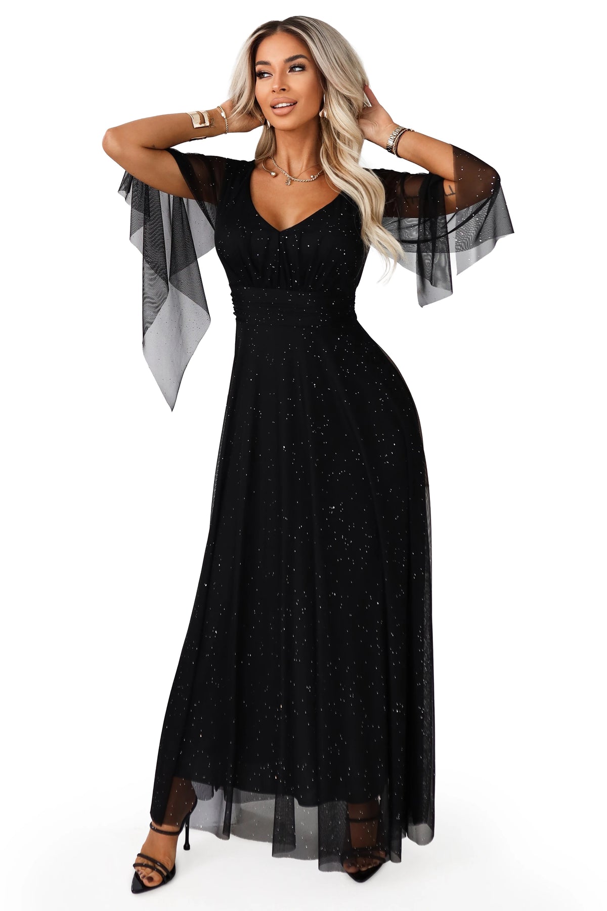 Long, shimmering dress with a neckline and transparent sleeves – Black