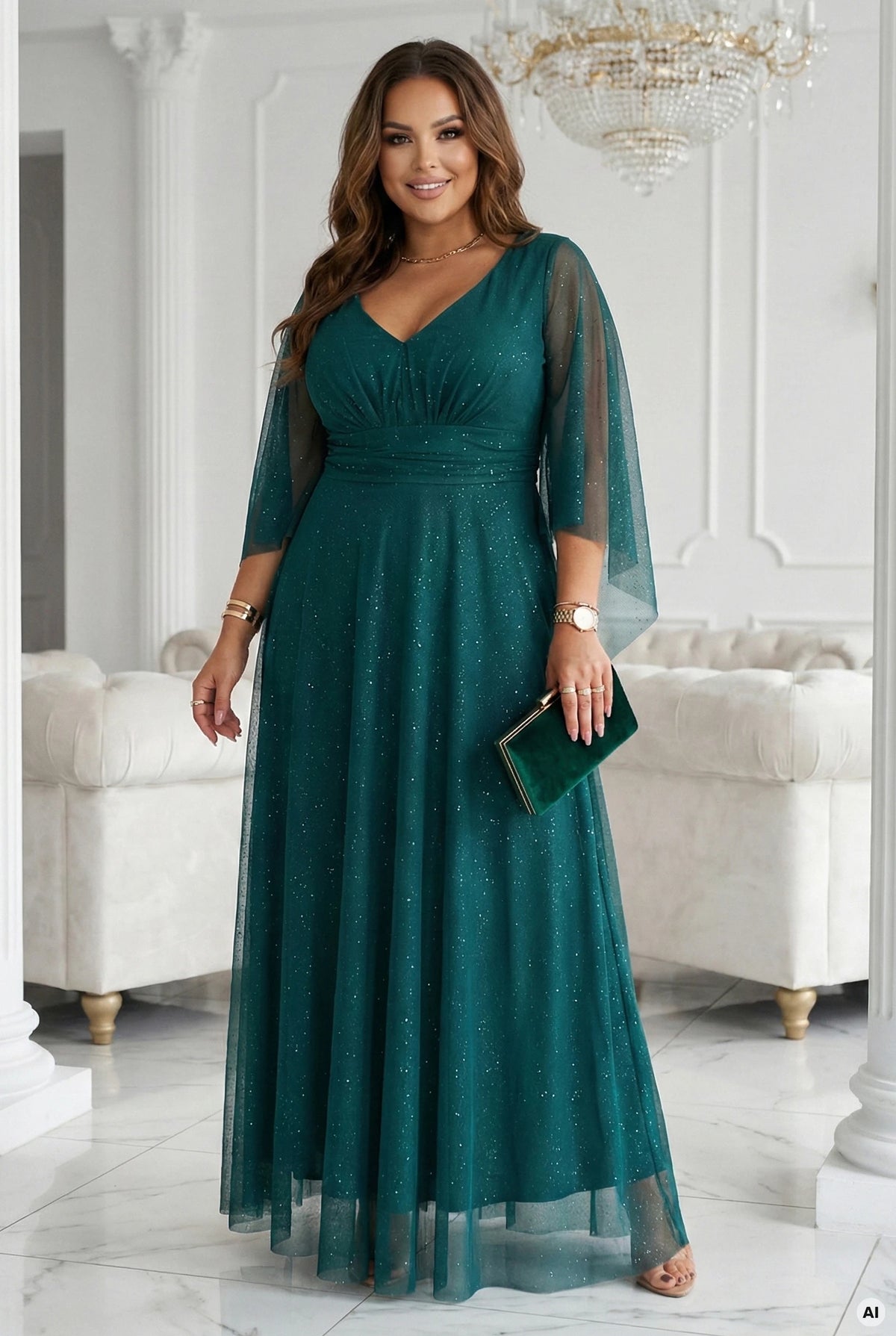 A long, shimmering dress with a plunging neckline and sheer sleeves – Emerald Green
