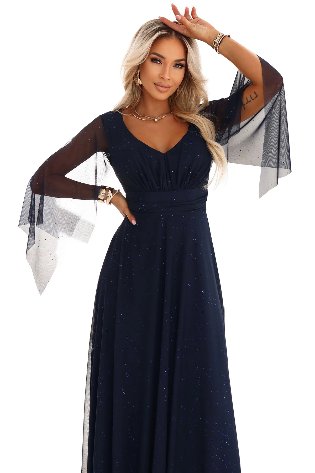 A long, shimmering dress with a neckline and transparent sleeves – Navy Blue