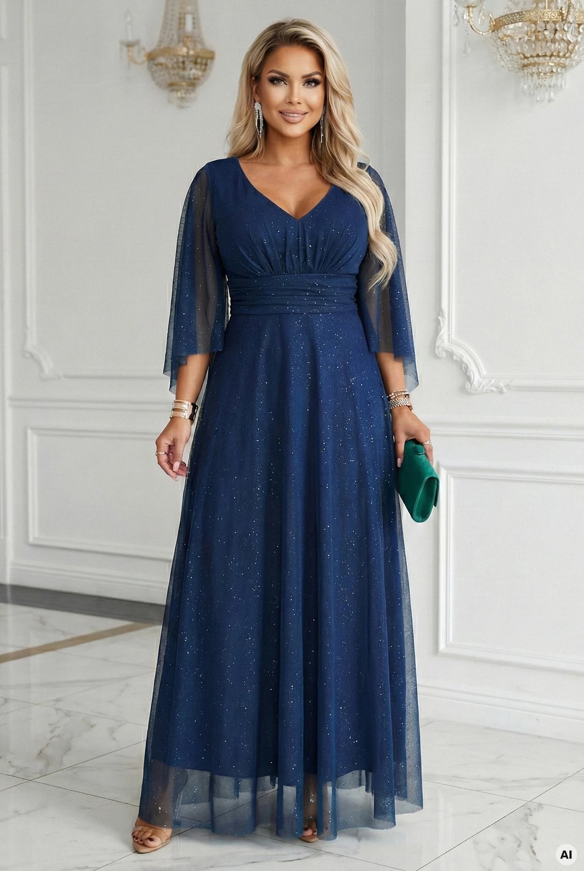 A long, shimmering dress with a neckline and transparent sleeves – Navy Blue