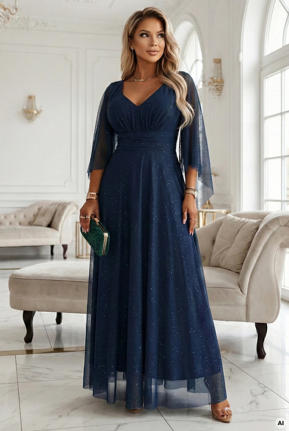 A long, shimmering dress with a neckline and transparent sleeves – Navy Blue