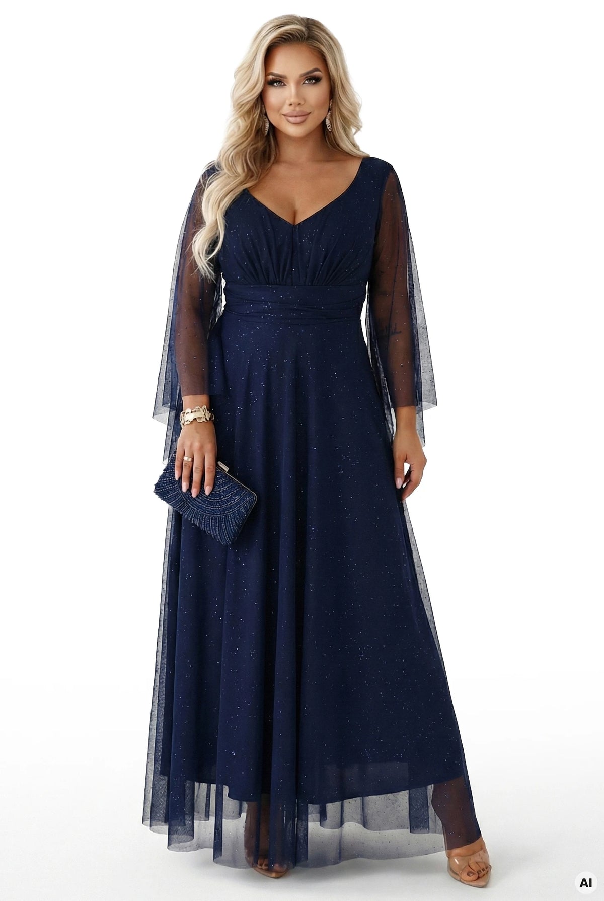 A long, shimmering dress with a neckline and transparent sleeves – Navy Blue