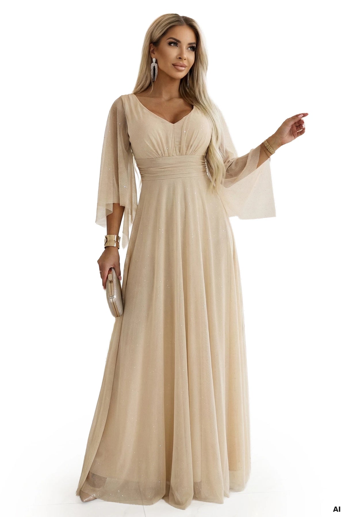 A long, shimmering dress with a plunging neckline and sheer sleeves – Champagne Beige