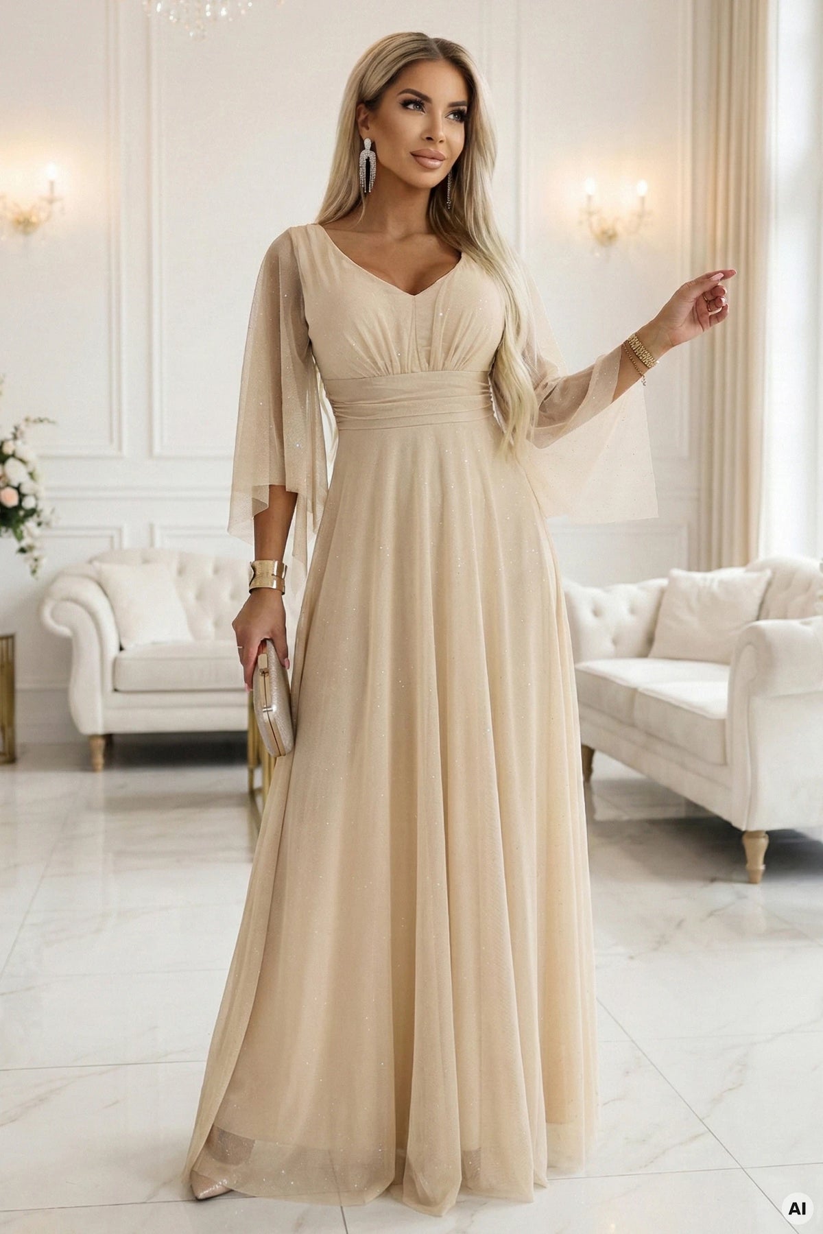 A long, shimmering dress with a plunging neckline and sheer sleeves – Champagne Beige