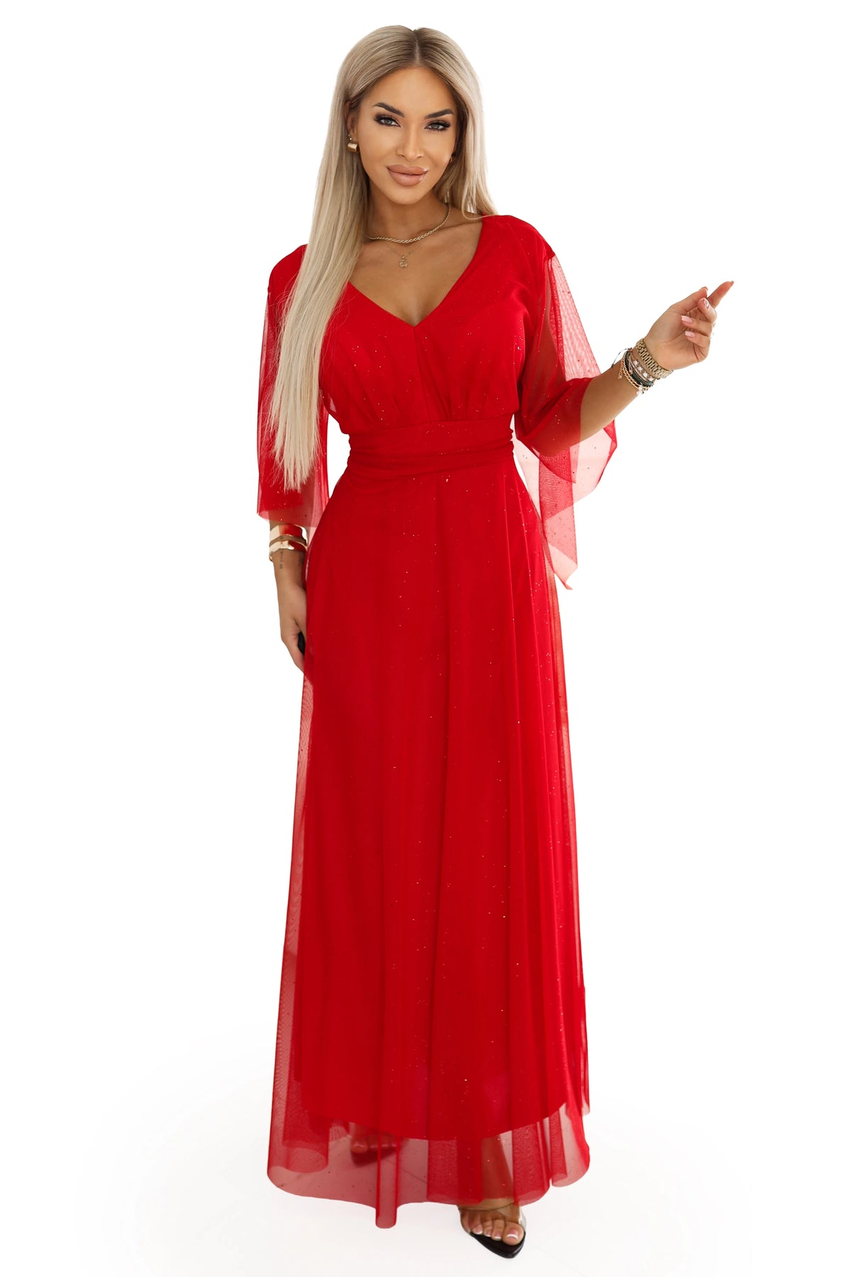 Long Light-Catching Shimmering Gown with Neckline and Sheer Sleeve – Red