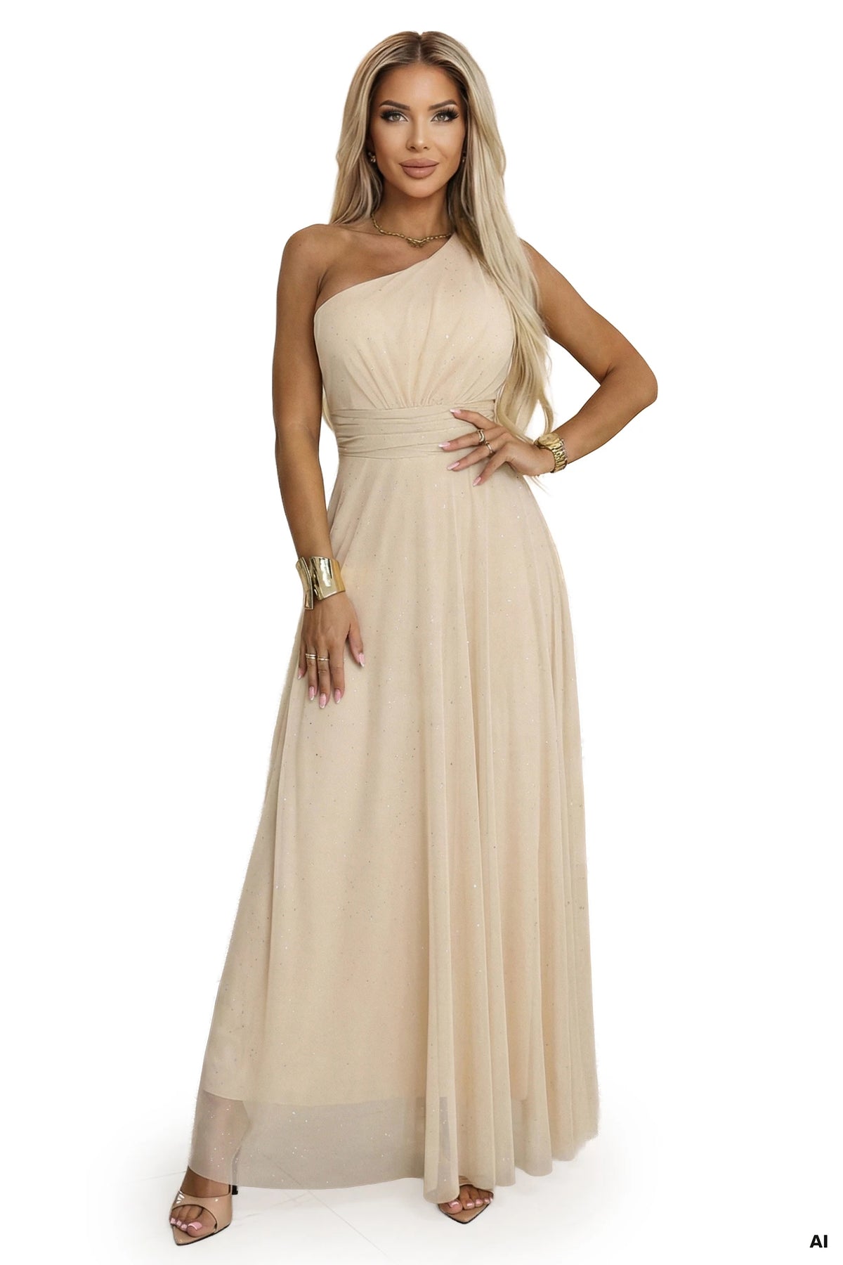 Long, sparkling, one-shoulder evening dress – Champagne Beige