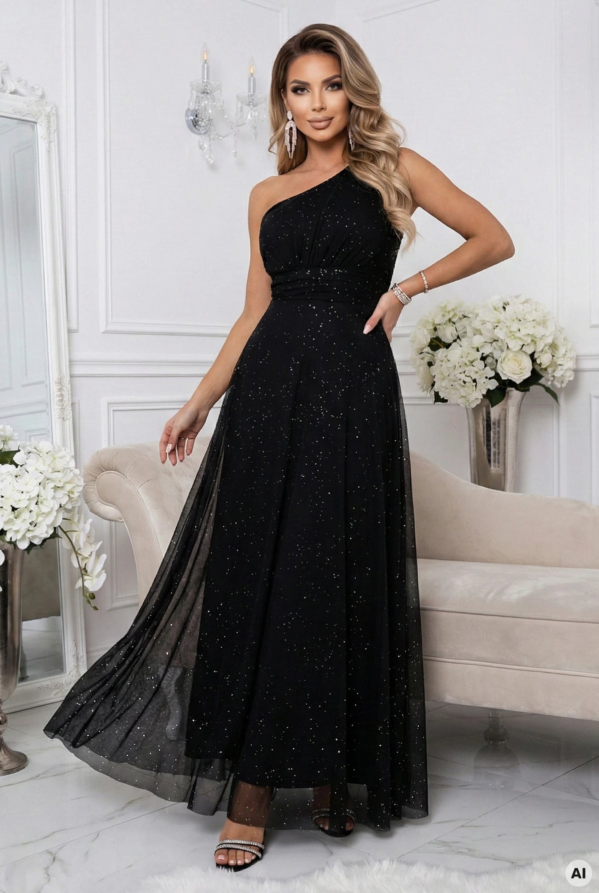 Long, shiny, one-shoulder evening dress – Classic Black