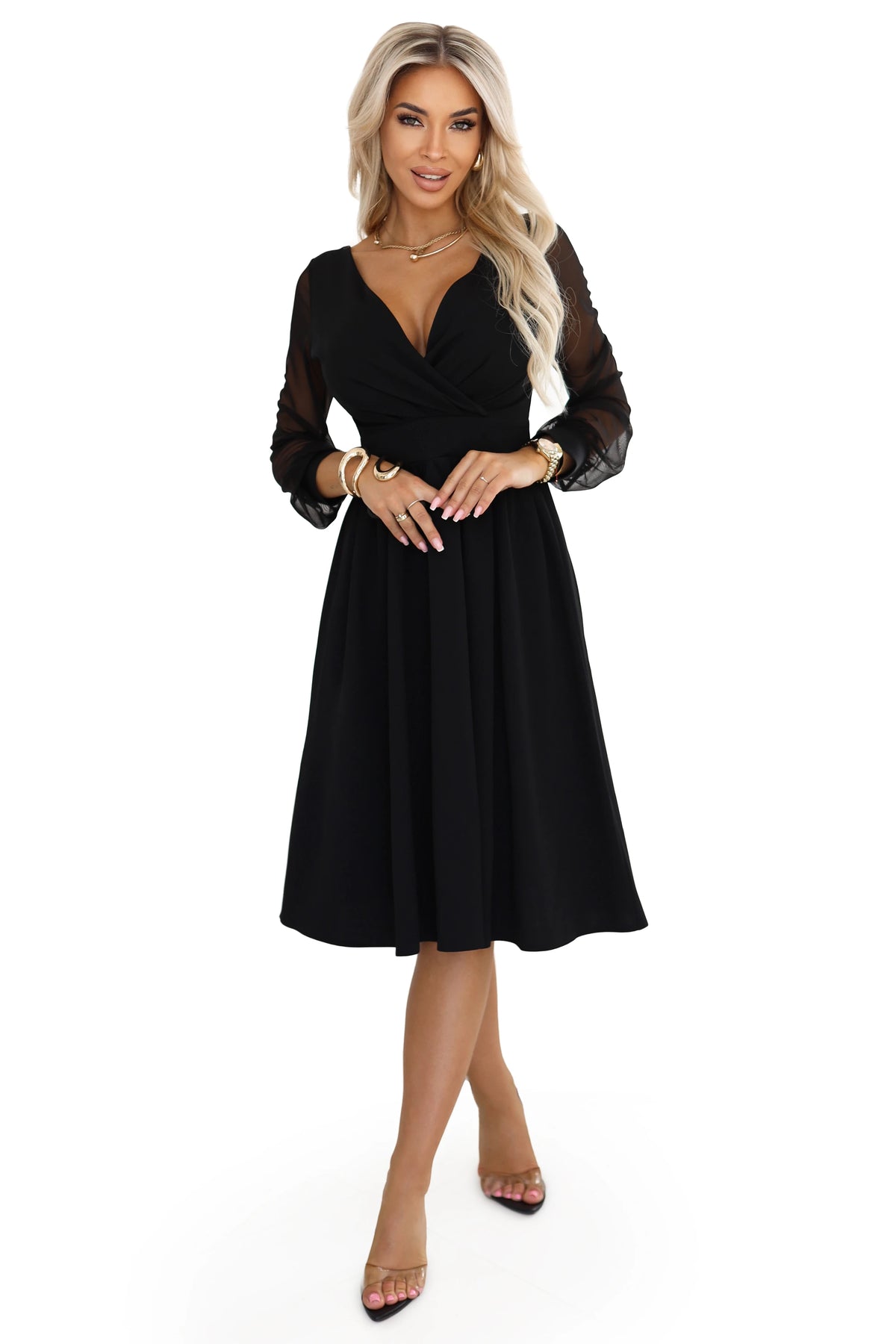 Elegant midi dress with a wrap neckline and tulle sleeves – Black