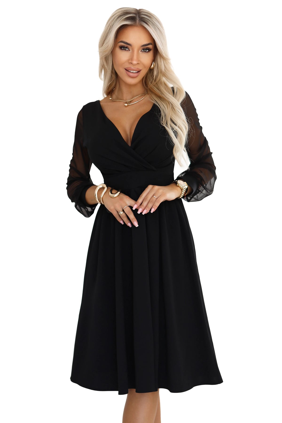 Elegant midi dress with a wrap neckline and tulle sleeves – Black