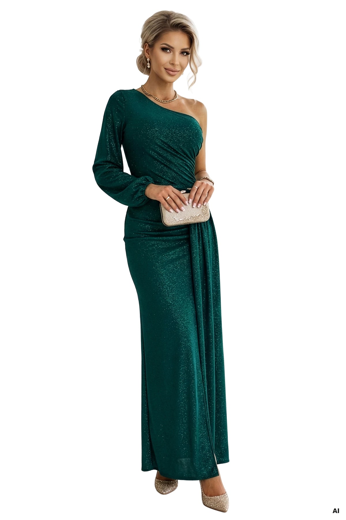 Shimmering glitter one-shoulder maxi dress with asymmetric sleeves and slit – Bottle Green