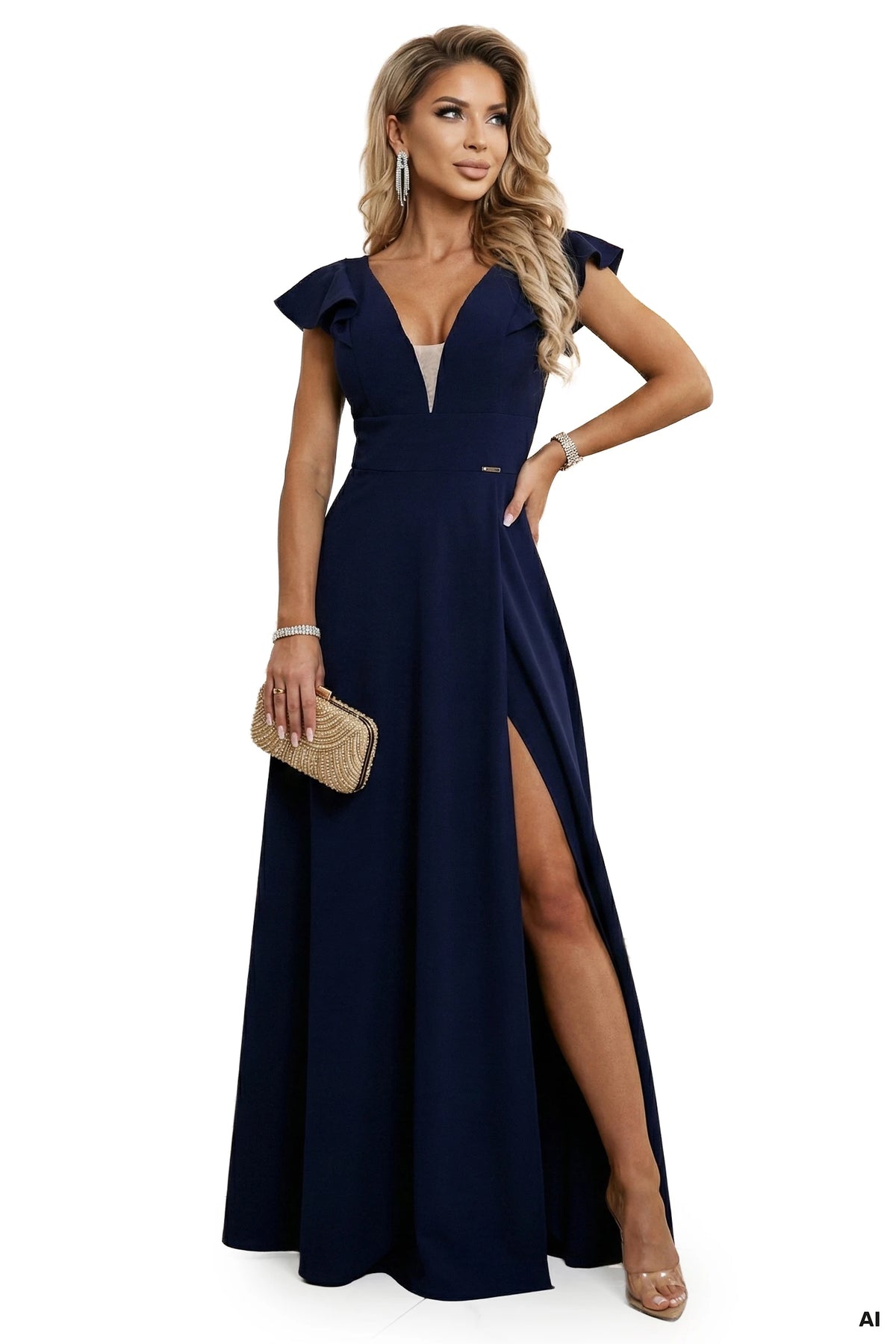 Elegant maxi dress with ruffles, a deep neckline and a slit on the leg – Navy Blue