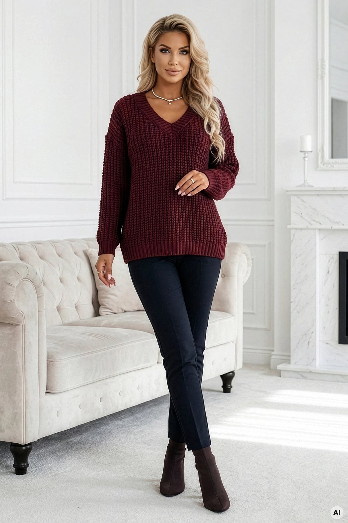 Warm oversized sweater with a chunky weave and a V-neck – Burgundy