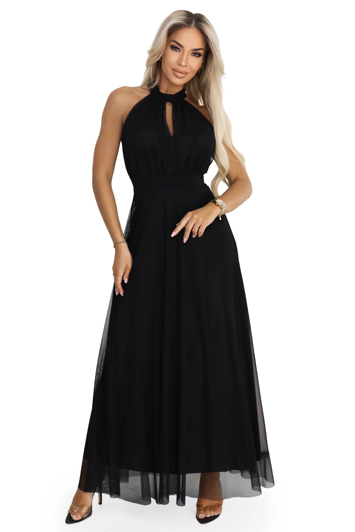Elegant Evening Maxi Halter Dress with Tulle and Waist Tie – Black