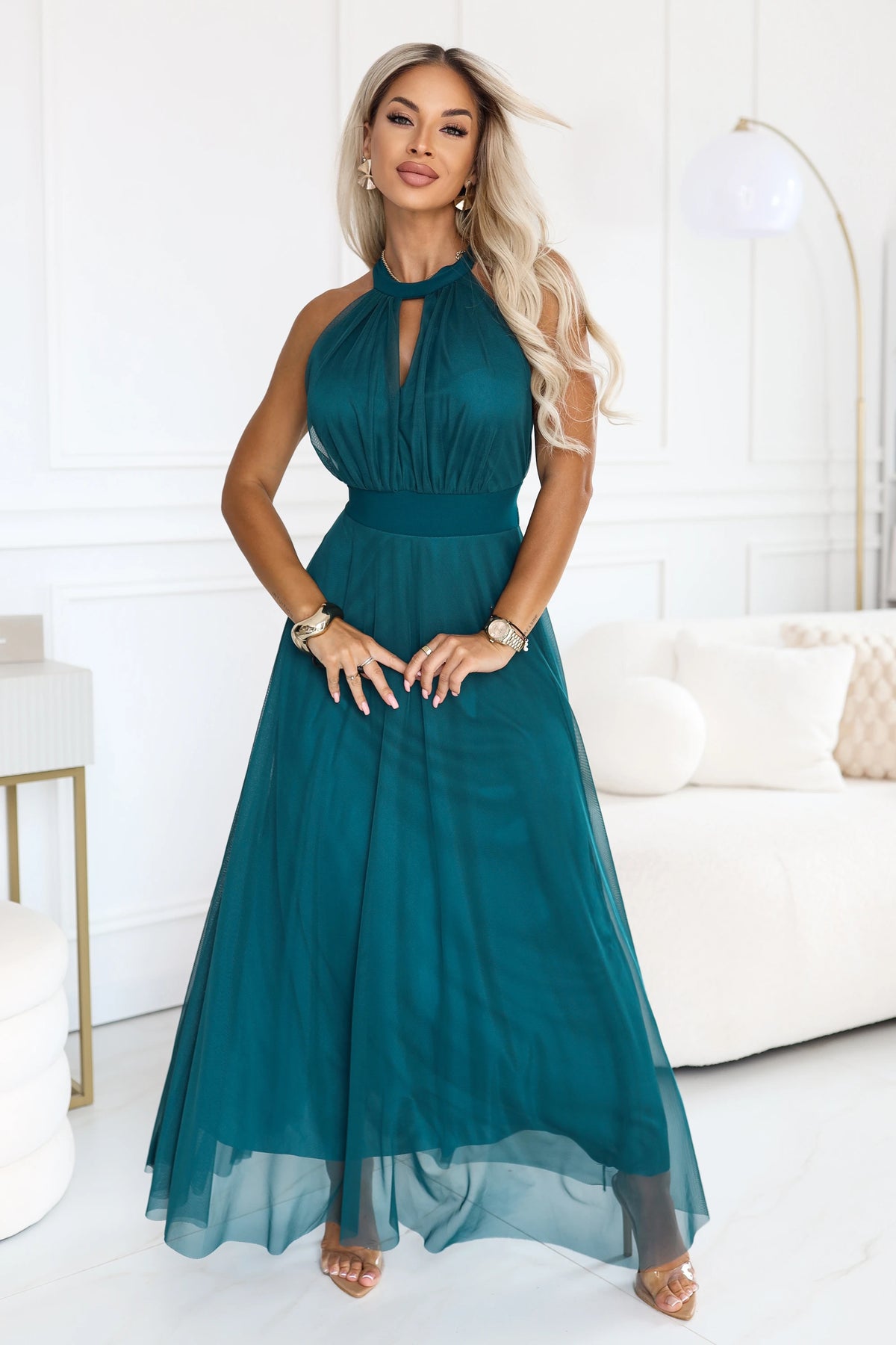 Elegant halter maxi evening dress with tulle and a waist tie – Green