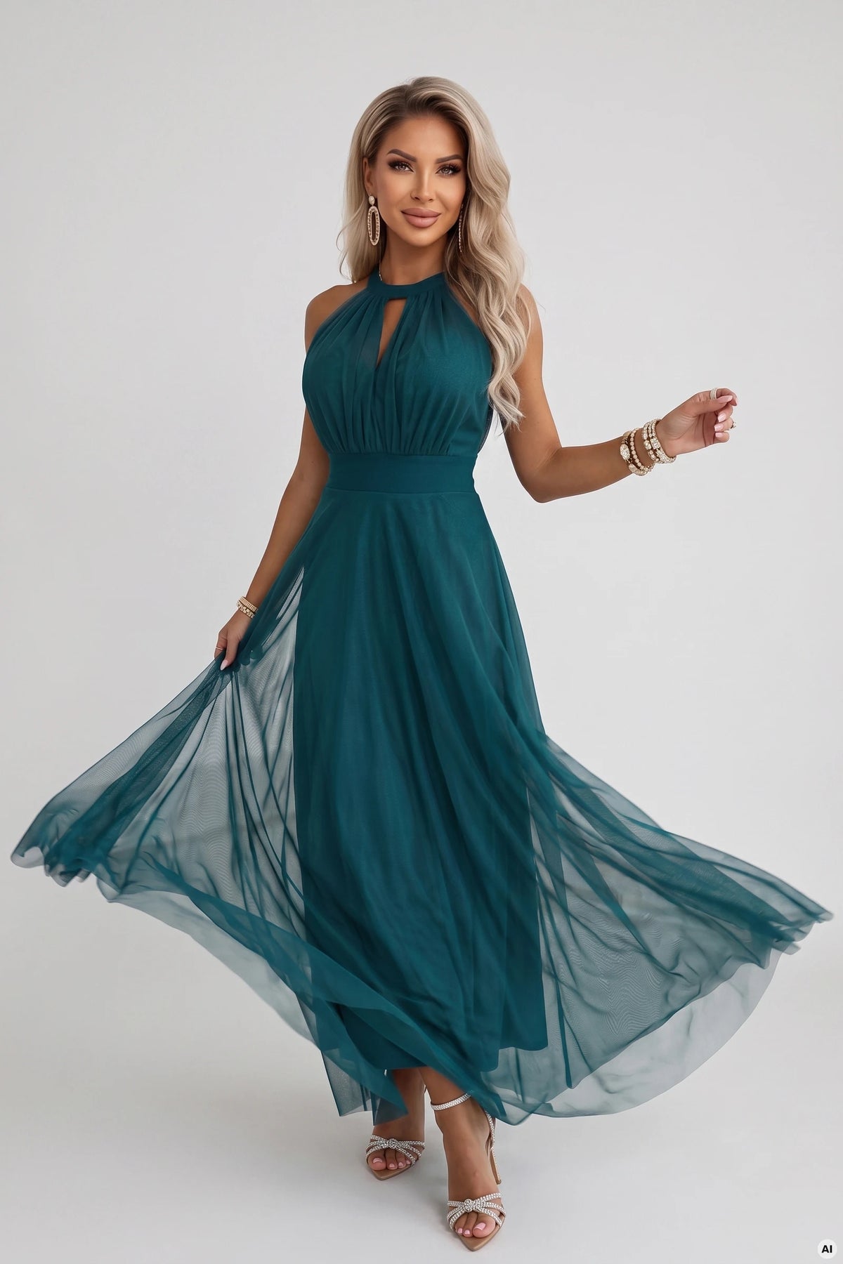 Elegant halter maxi evening dress with tulle and a waist tie – Green