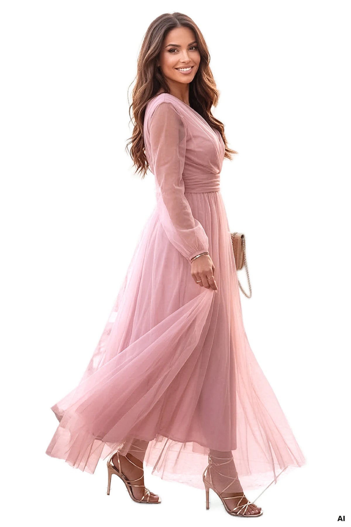 Long Maxi Dress with Tulle Sleeves and Wrap Neckline – Powder Pink