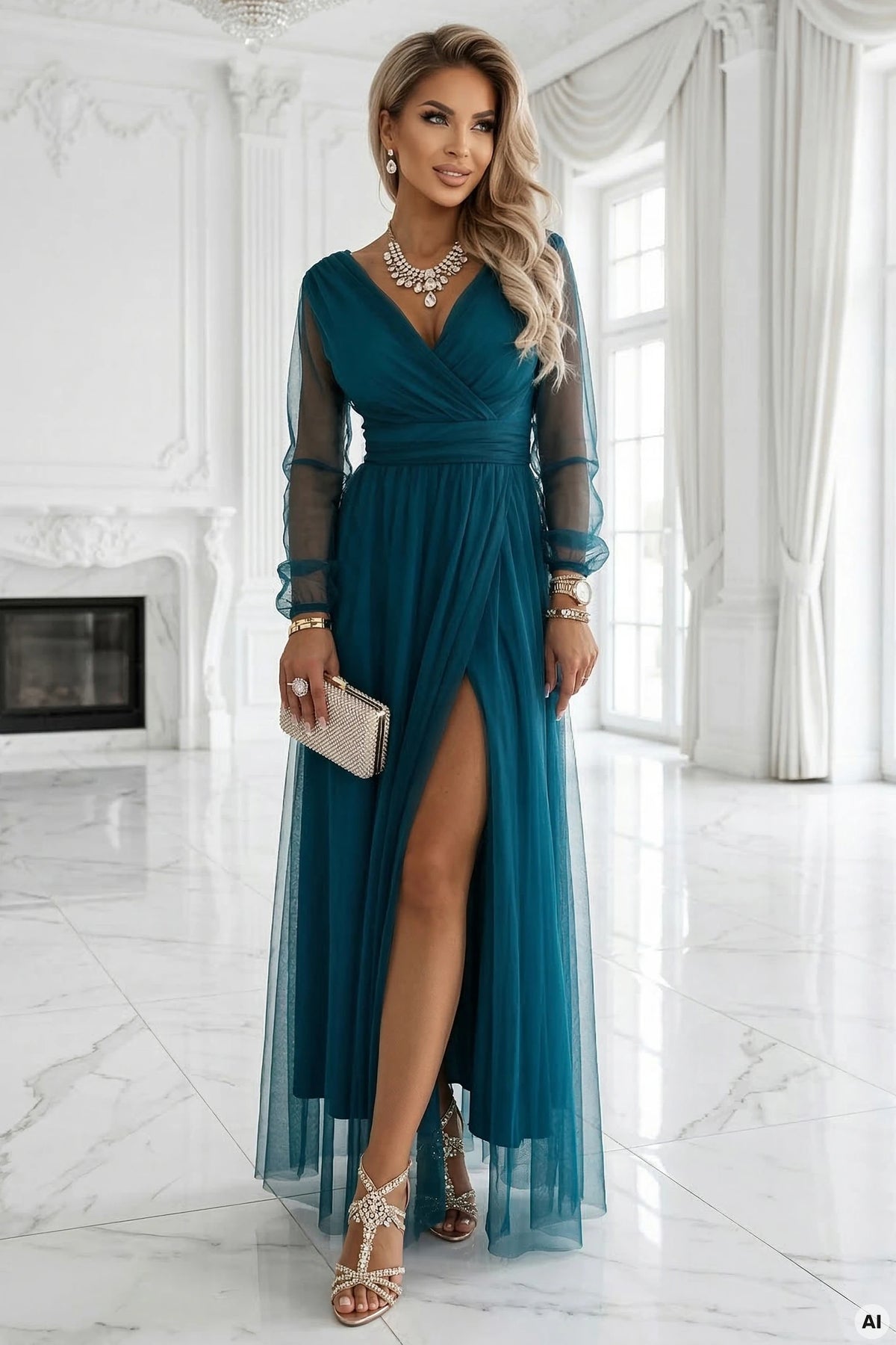 Long Maxi Dress with Tulle Sleeves and Wrap Neckline – Bottle Green