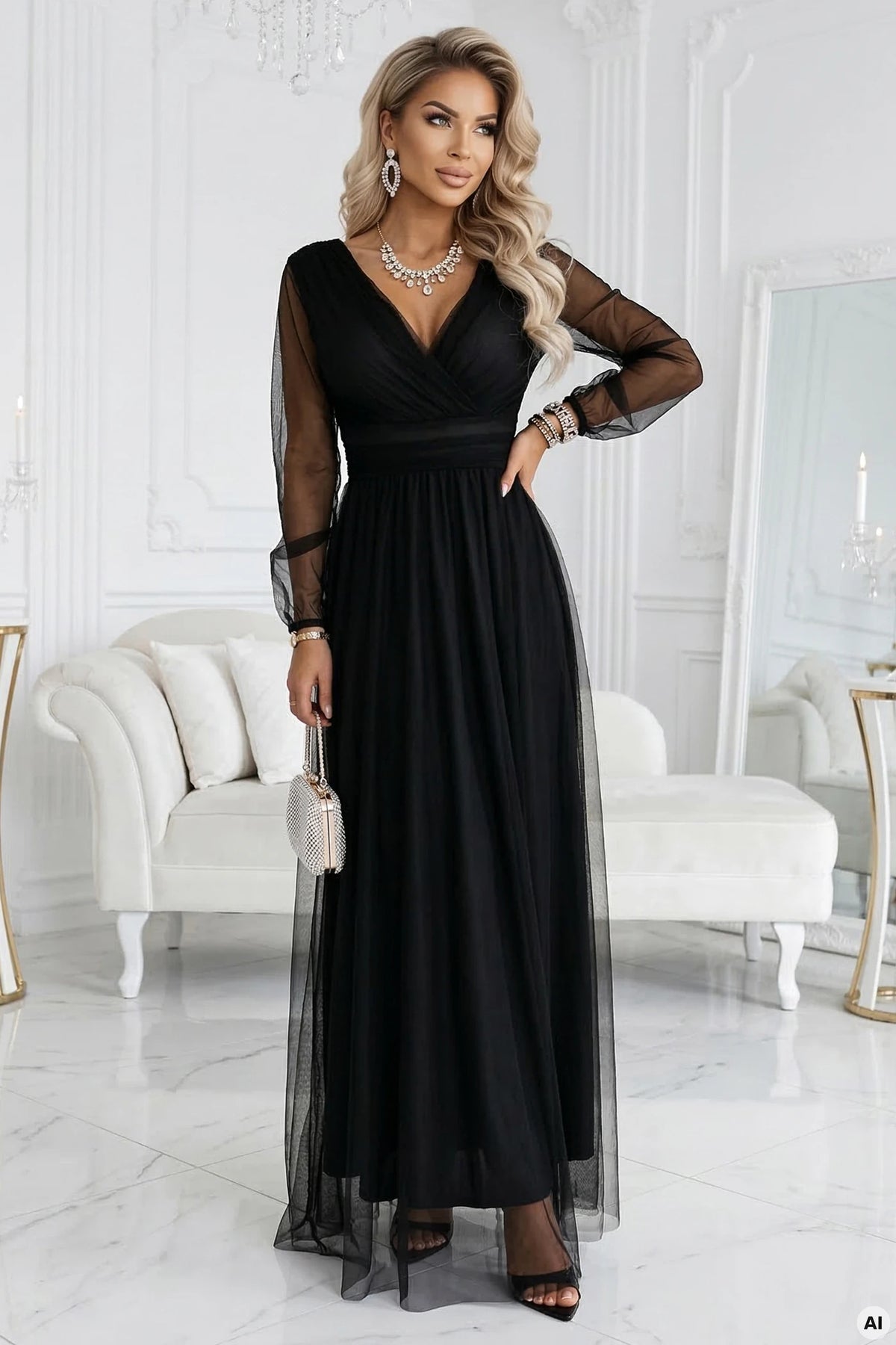 Long Maxi Dress with Tulle Sleeves and Wrap Neckline – Black