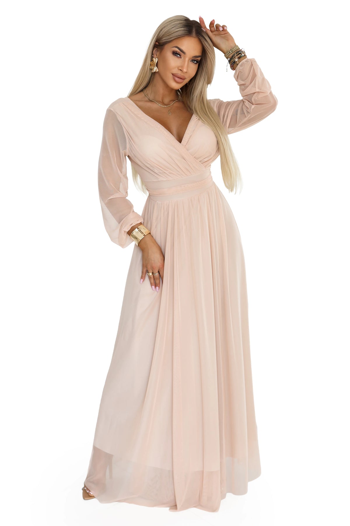Long maxi dress with tulle sleeves and a wrap neckline – Peach