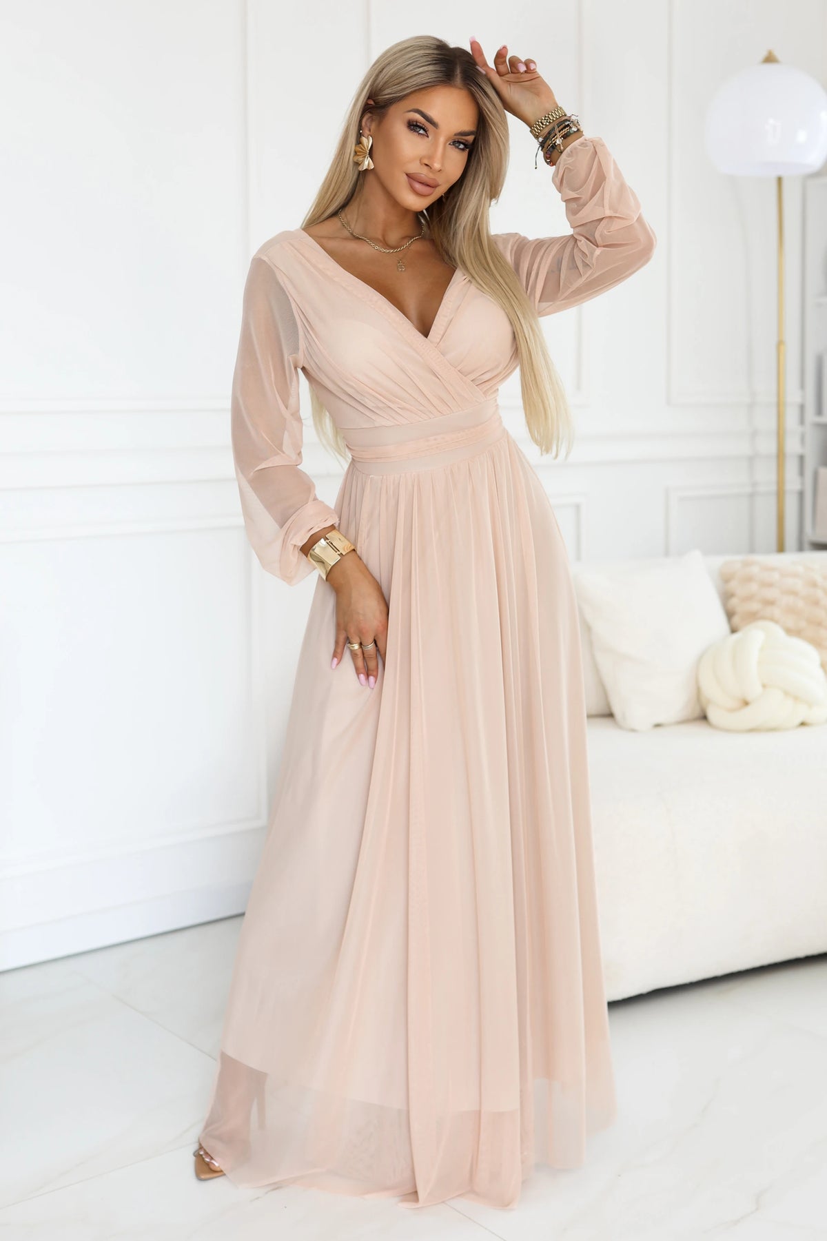 Long maxi dress with tulle sleeves and a wrap neckline – Peach