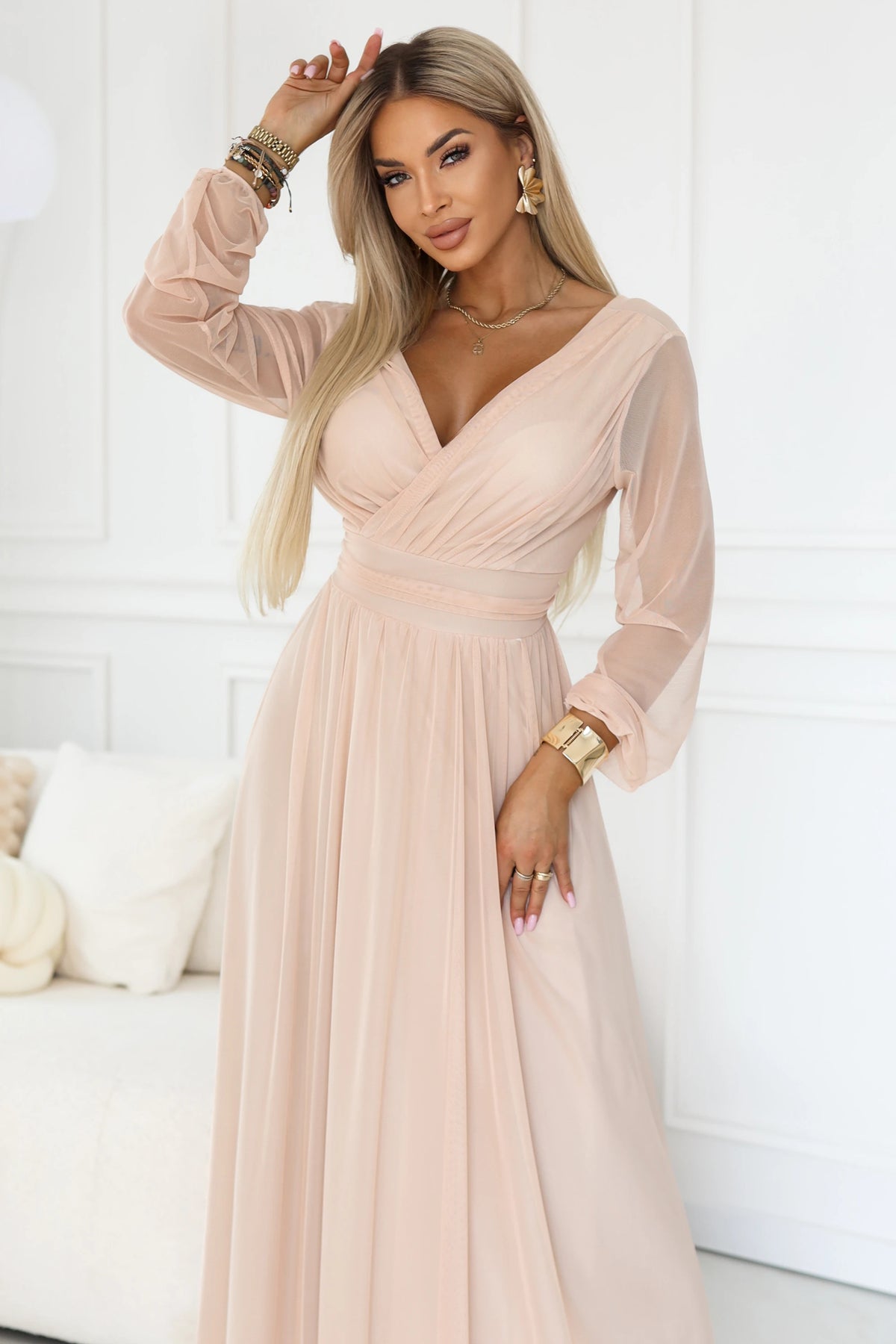 Long maxi dress with tulle sleeves and a wrap neckline – Peach