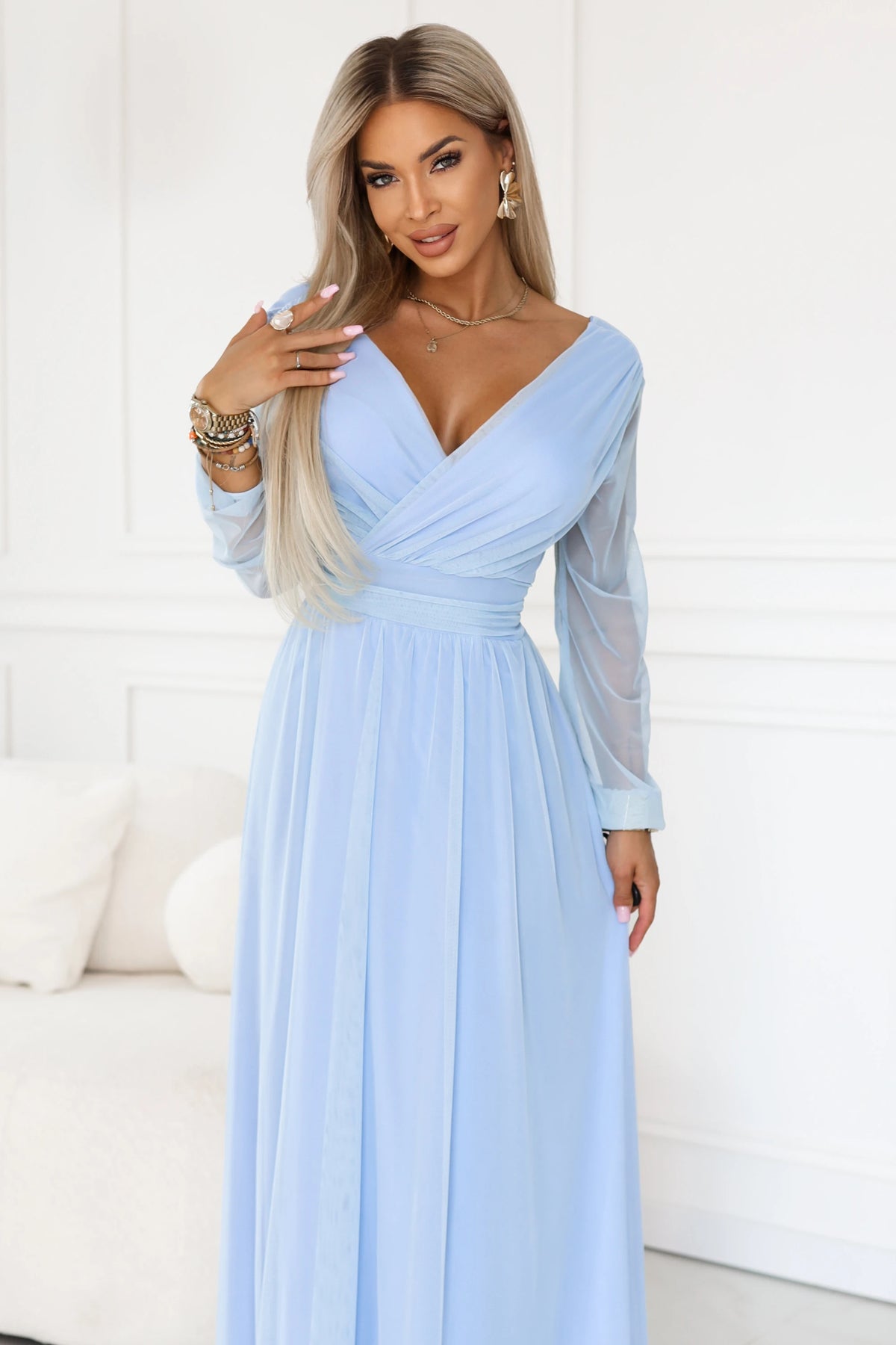 Long maxi dress with tulle sleeves and a wrap neckline – Sky Blue