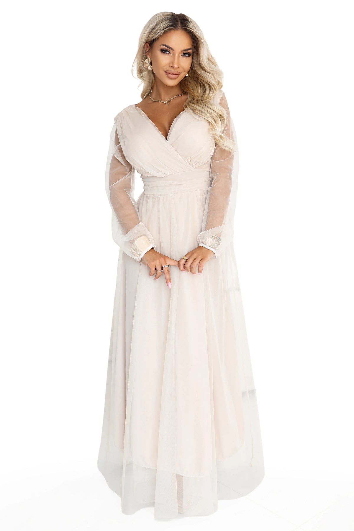 Long maxi dress with tulle sleeves and a wrap neckline – Beige