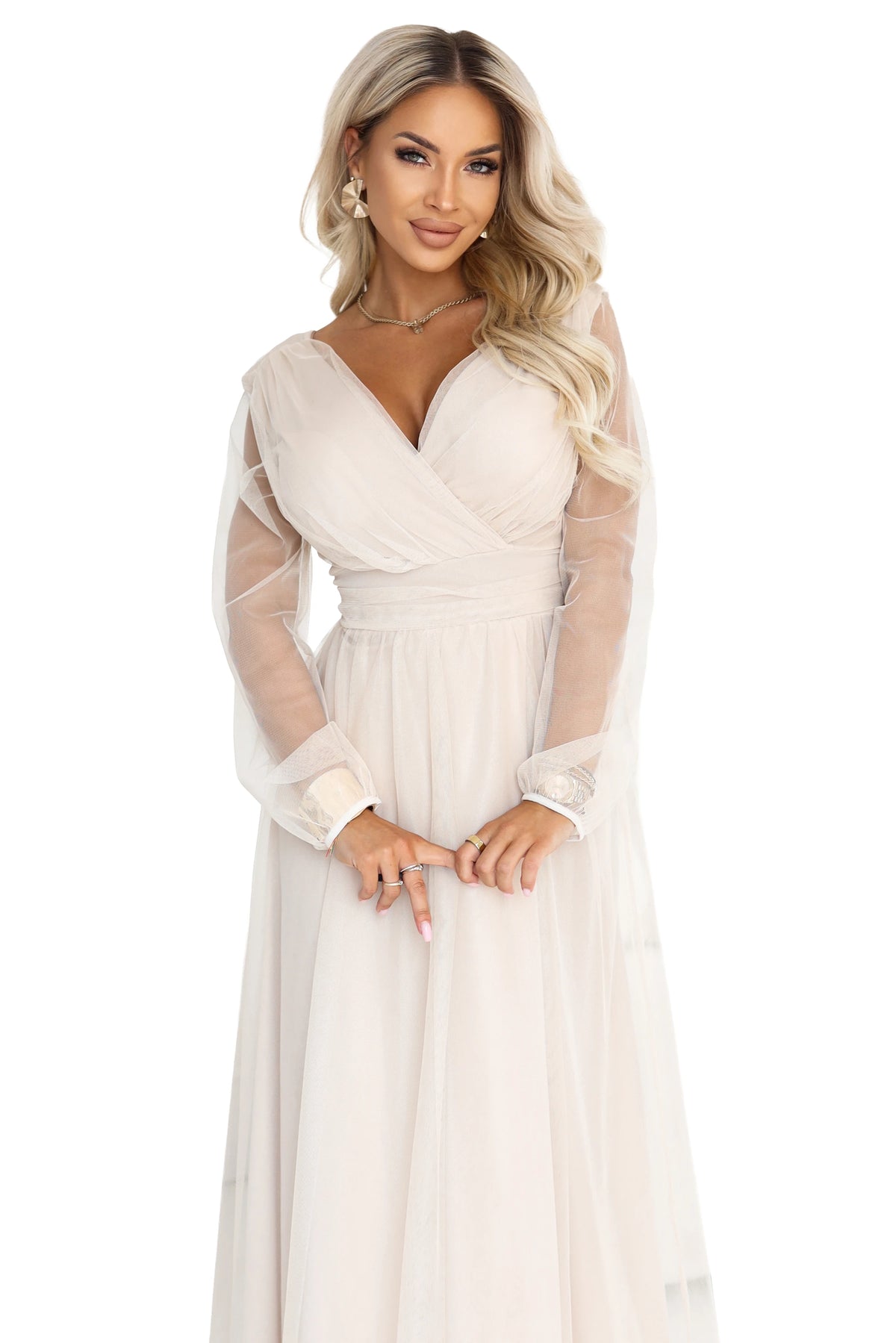 Long maxi dress with tulle sleeves and a wrap neckline – Beige