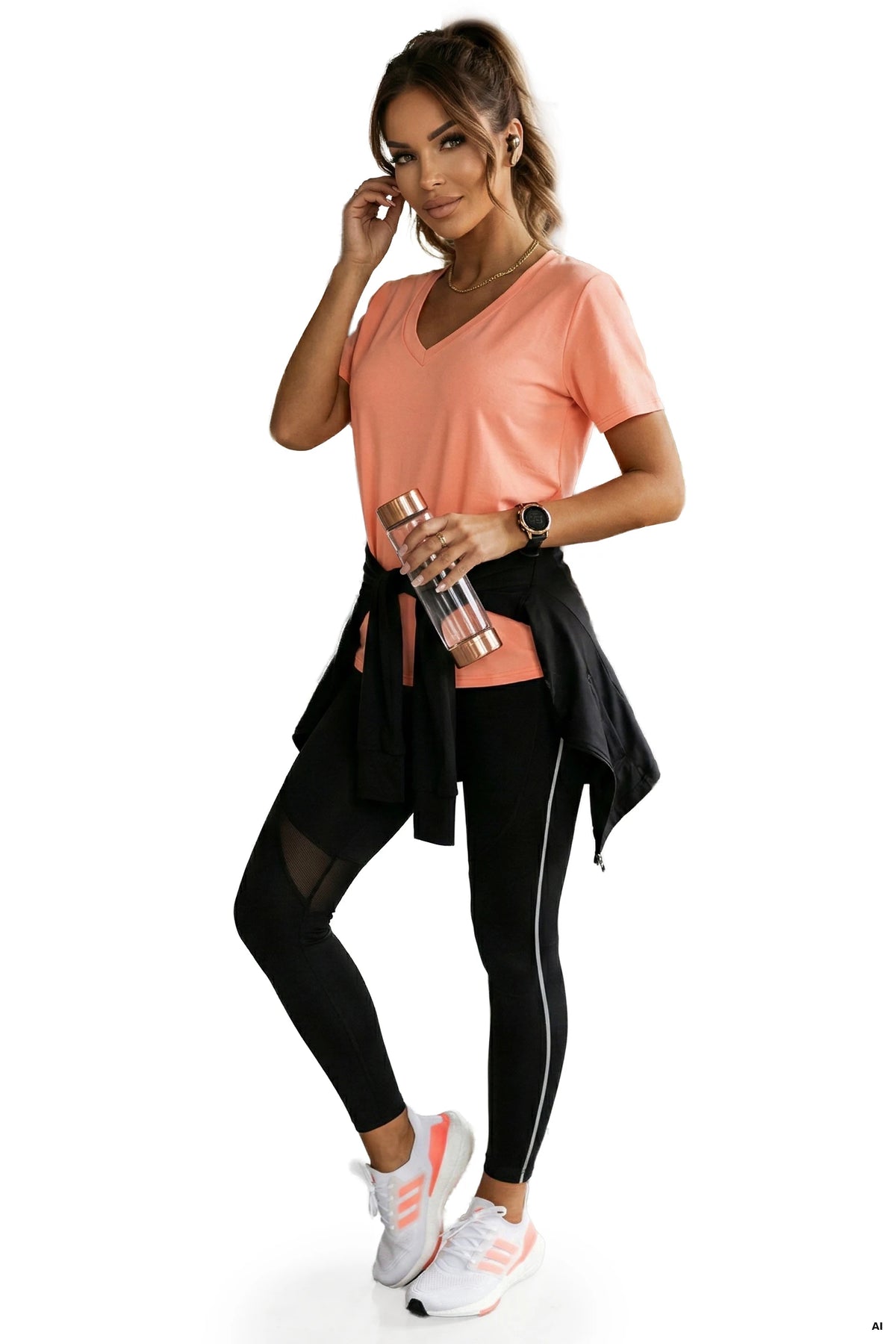 Cotton women's top with V-neckline and short sleeve – Coral