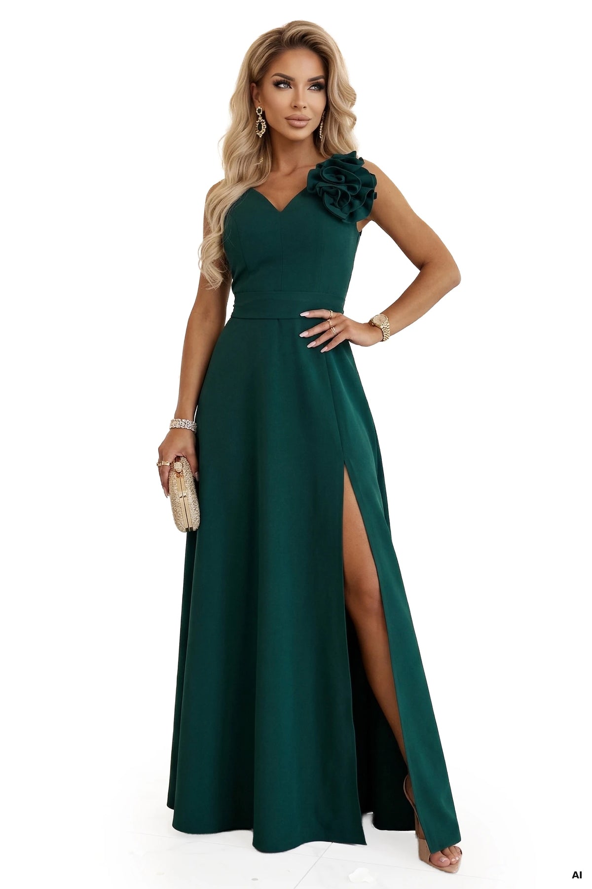 Romantic maxi dress with a flower on the shoulder and a slit – Bottle Green