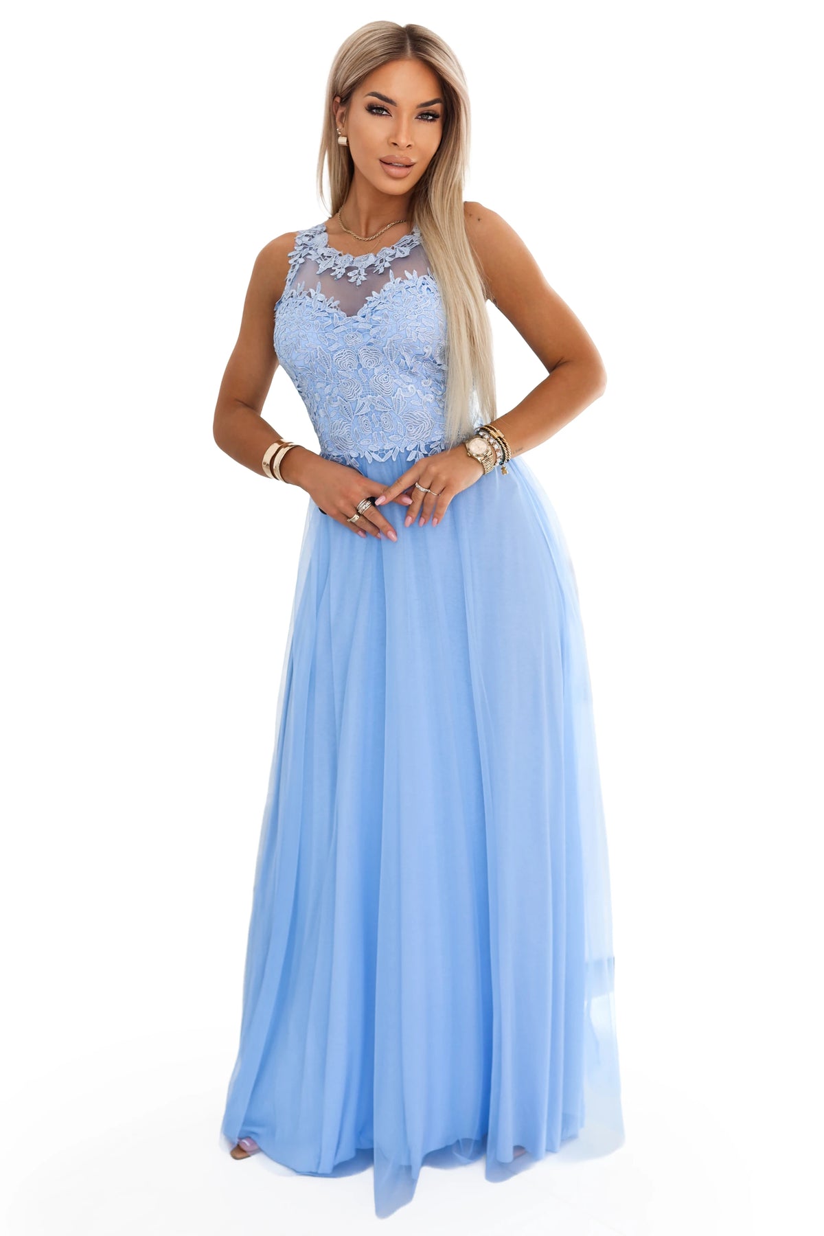 Romantic maxi wedding dress with embroidered lace and tulle – Baby Blue