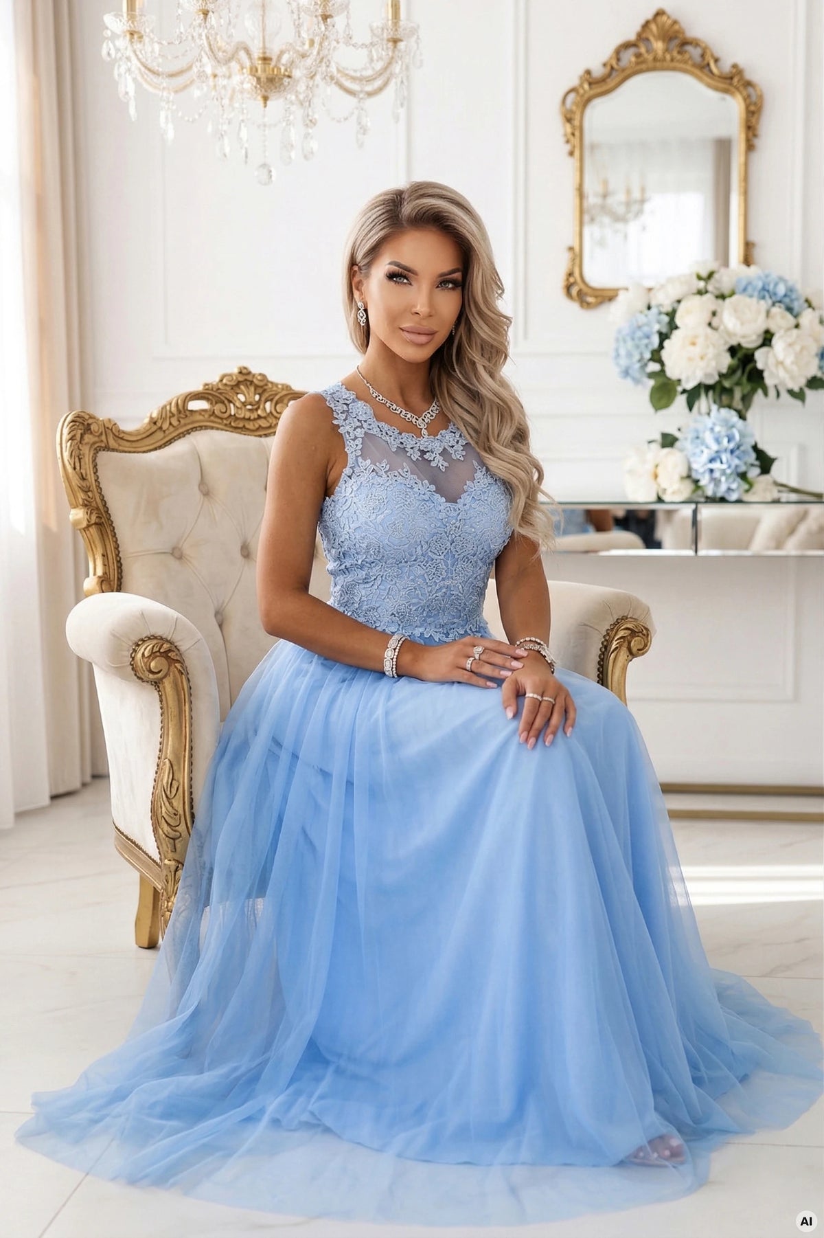 Romantic maxi wedding dress with embroidered lace and tulle – Baby Blue