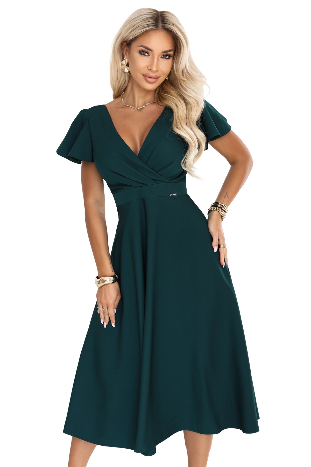 Flared midi dress with a wrap neckline and short sleeve – Green